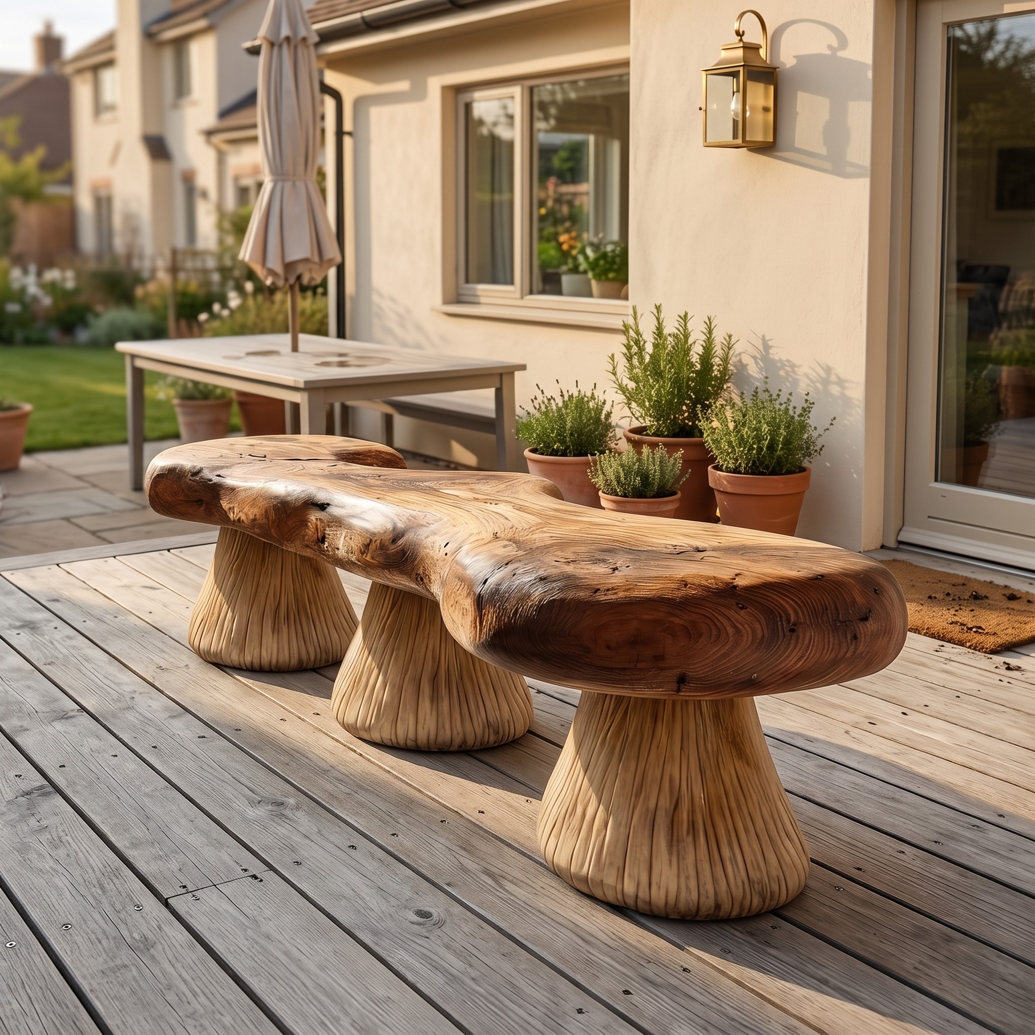 Natural Mushroom Bench Solid Wood Rustic Sculptural Design Entryway or Garden Space