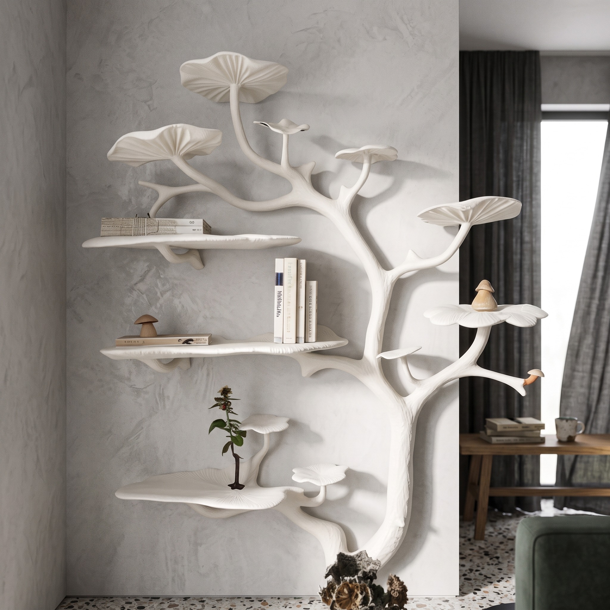 Natural Mushroom Tree Bookshelf Wall Mounted Wild Mulberry Wood Decor