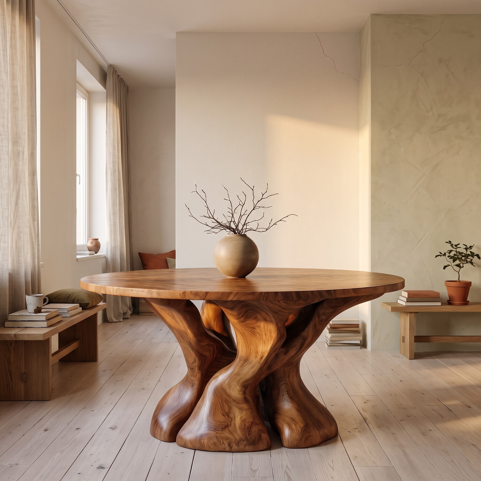 Natural Round Dining Table with Tree Root Inspired Form for Dining Room and Breakfast Nook