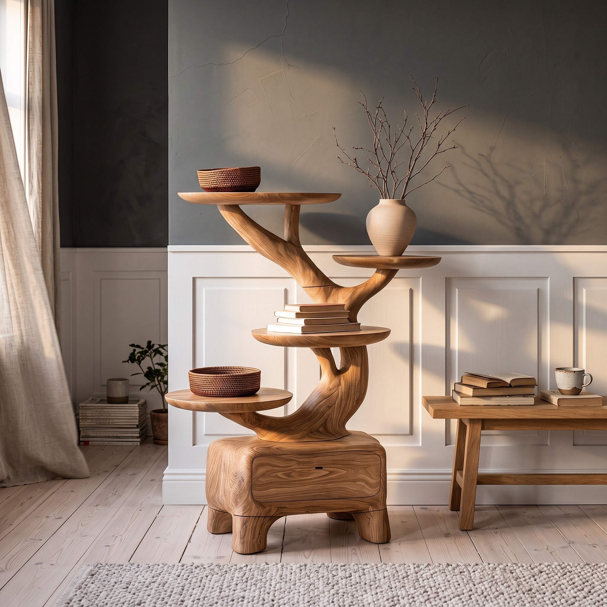Natural Sculptural Side Table with Branch Display Shelves for Living Room