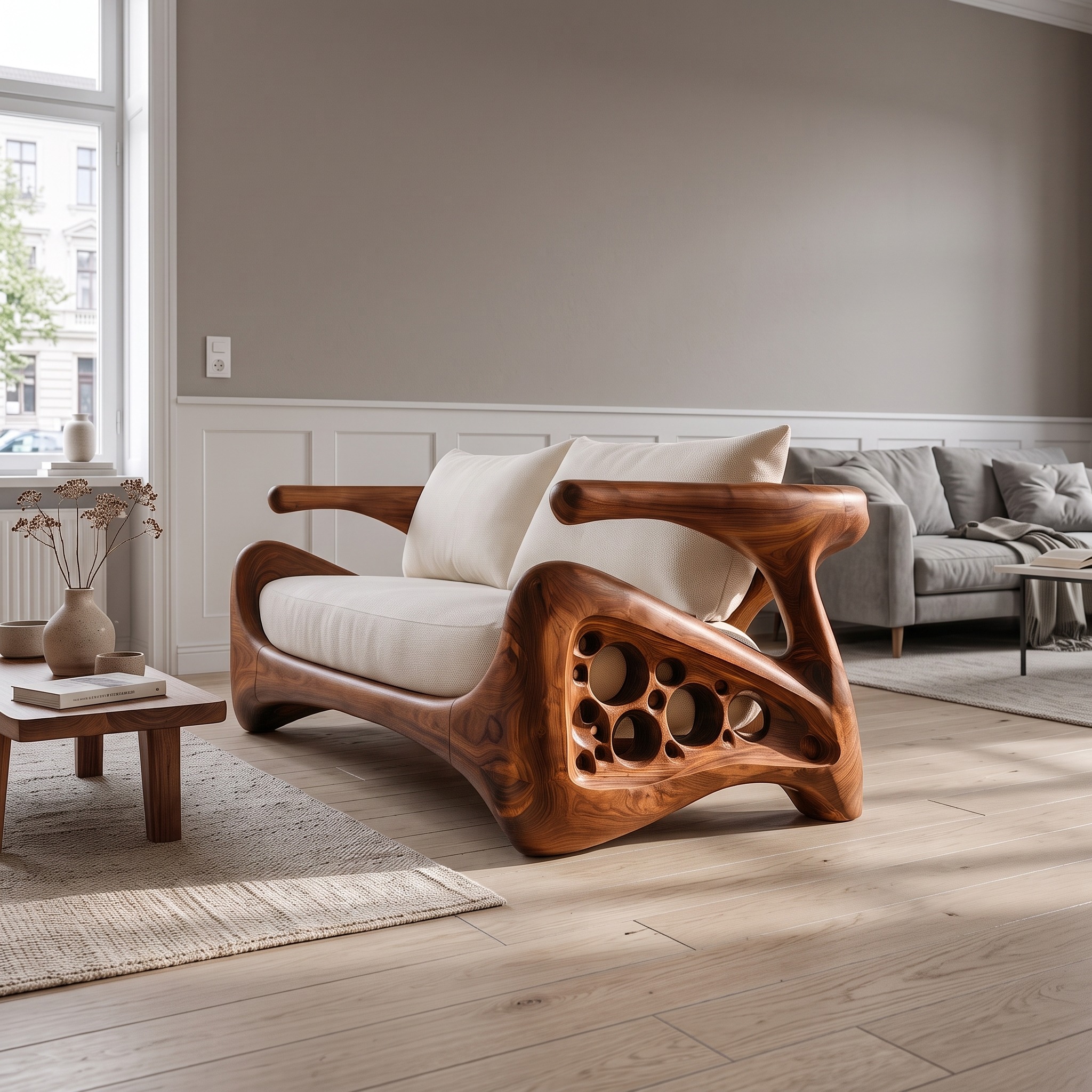 Natural Sofa Frame with Bold Sculptural Armrests for Living Room