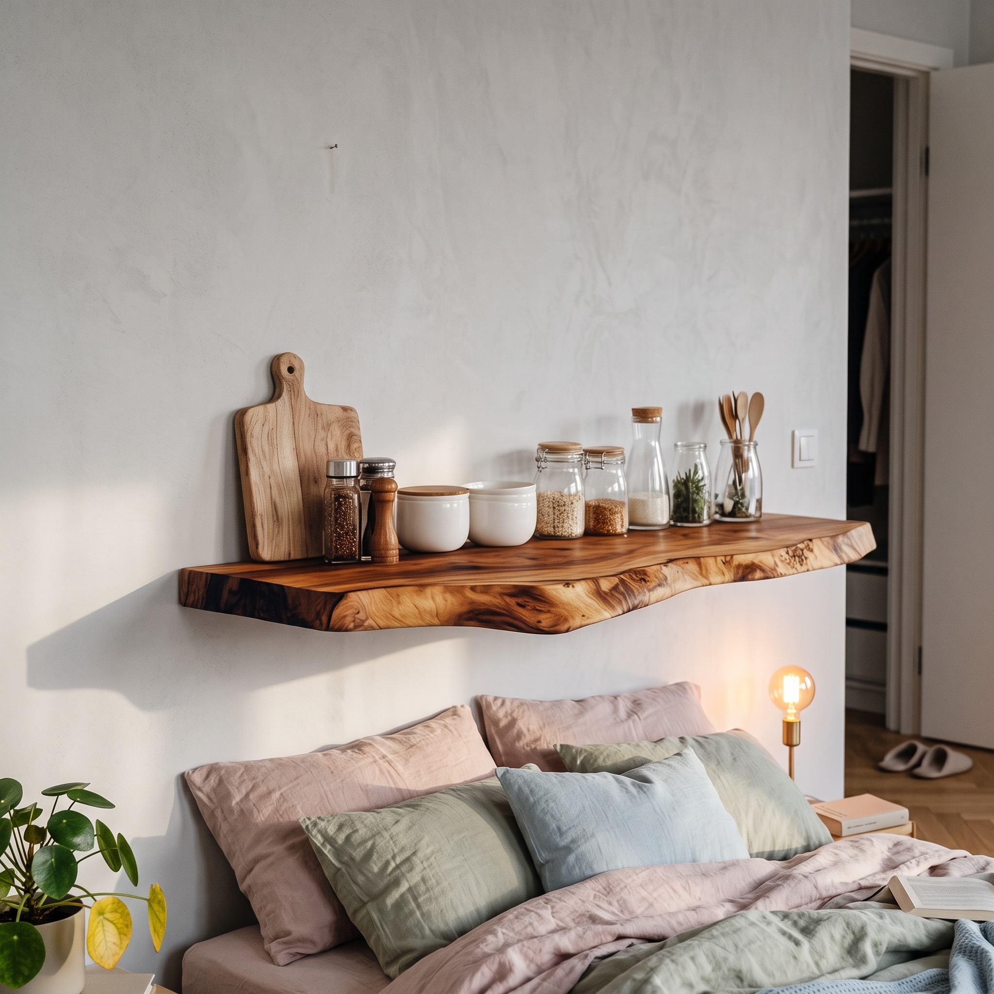 Natural Solid Wood Floating Shelf, Wall Mounted Rustic Kitchen Spice Rack & Decorative Open Shelving Tableware Display