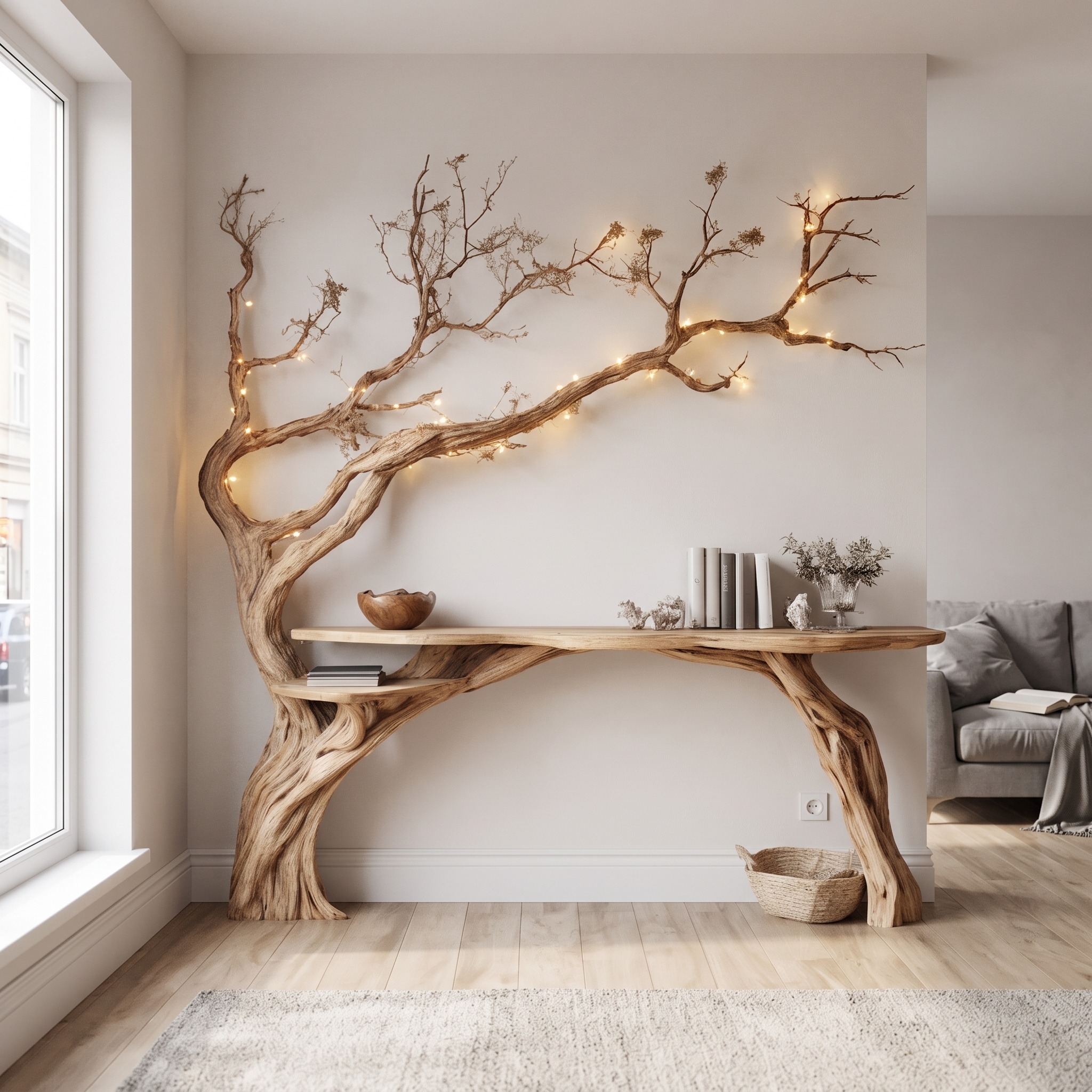 Natural Solid Wood Tree Bookshelf Rustic Side Table Farmhouse