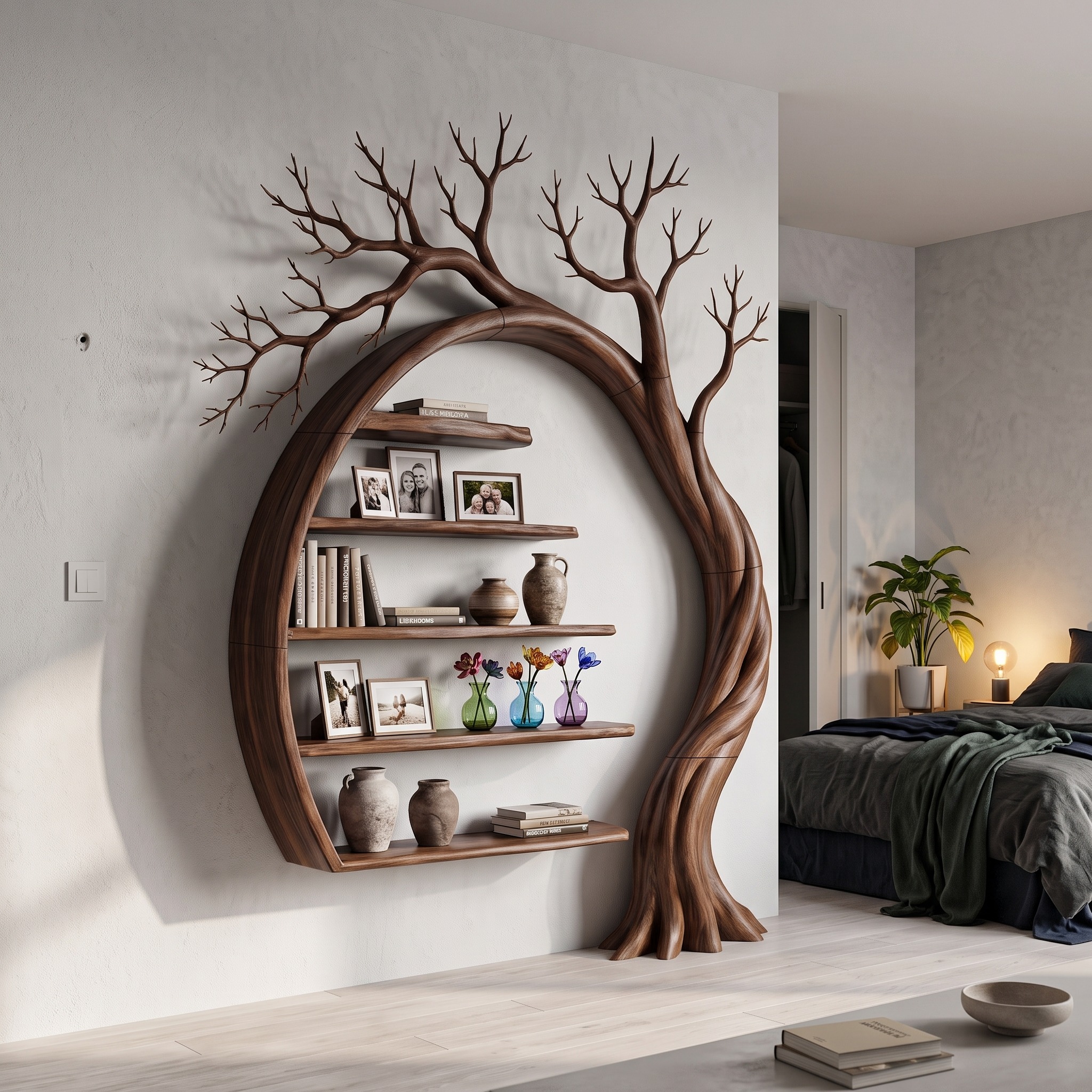 Natural Tree Bookshelf with Circular Branch Design for Living Room and Reading Nook