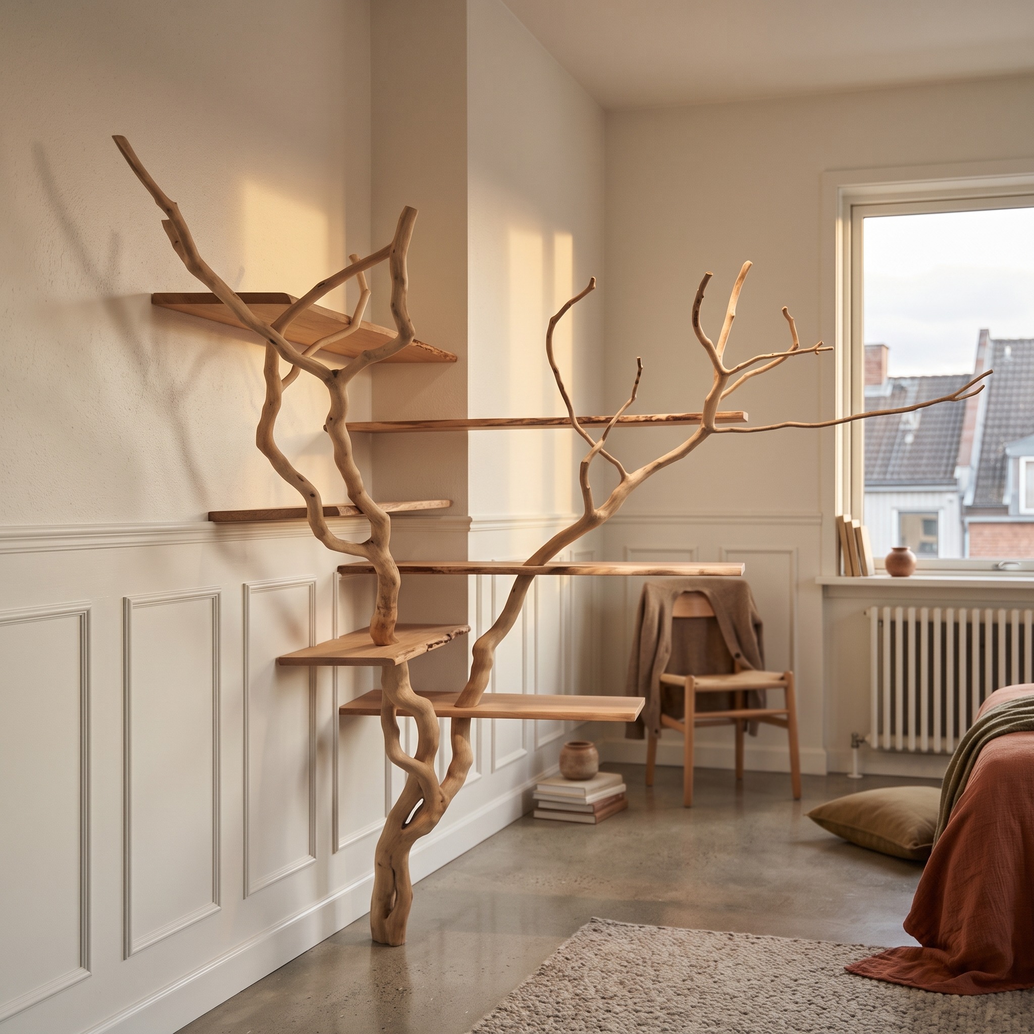 Natural Tree Branch Corner Shelf Wood Bookcase Wall Custom Cat Tree