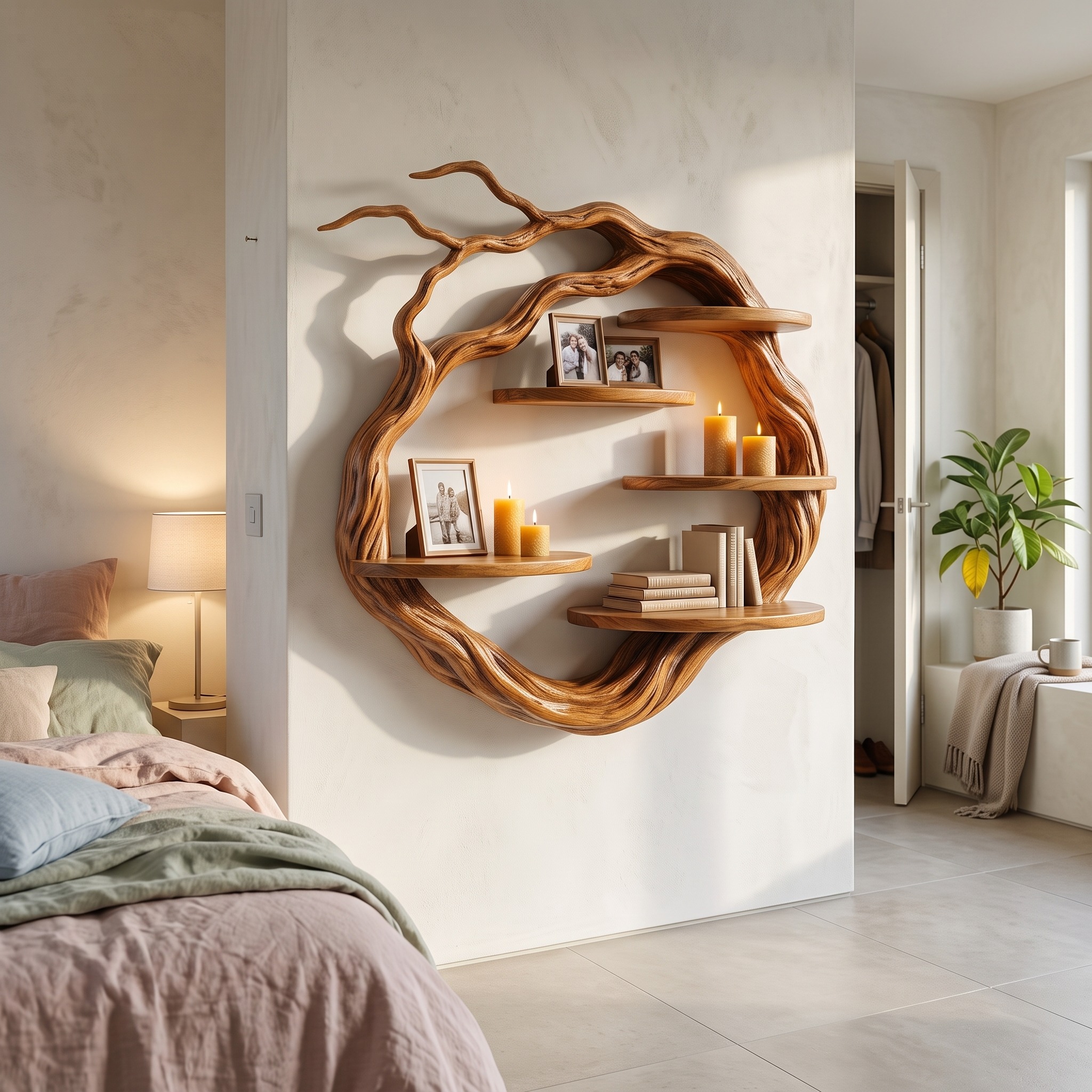 Natural Wall Mounted Shelf with Sculptural Tree Ring Design for Living Room and Reading Nook