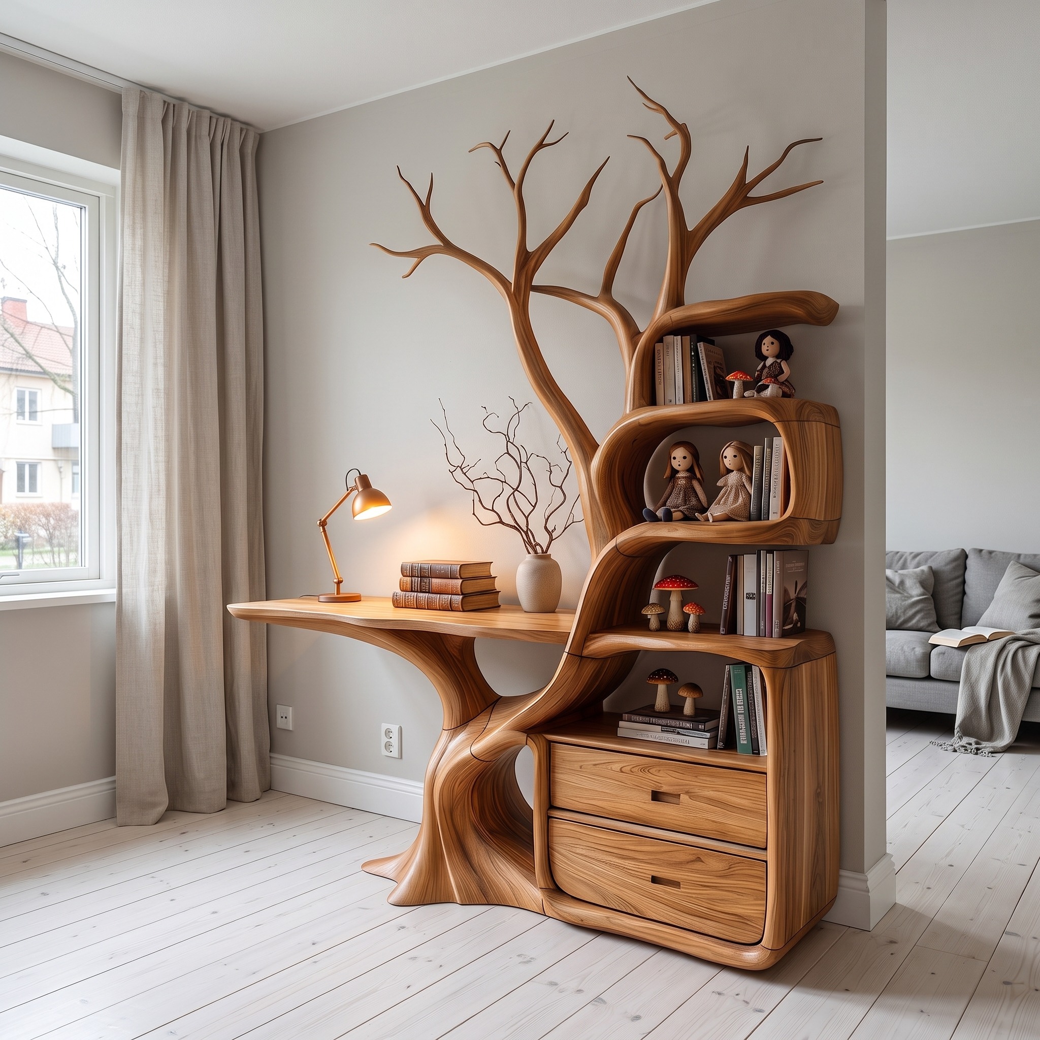 Natural Wall Mounted Tree Bookcase with Built in Drawers for Reading Nook