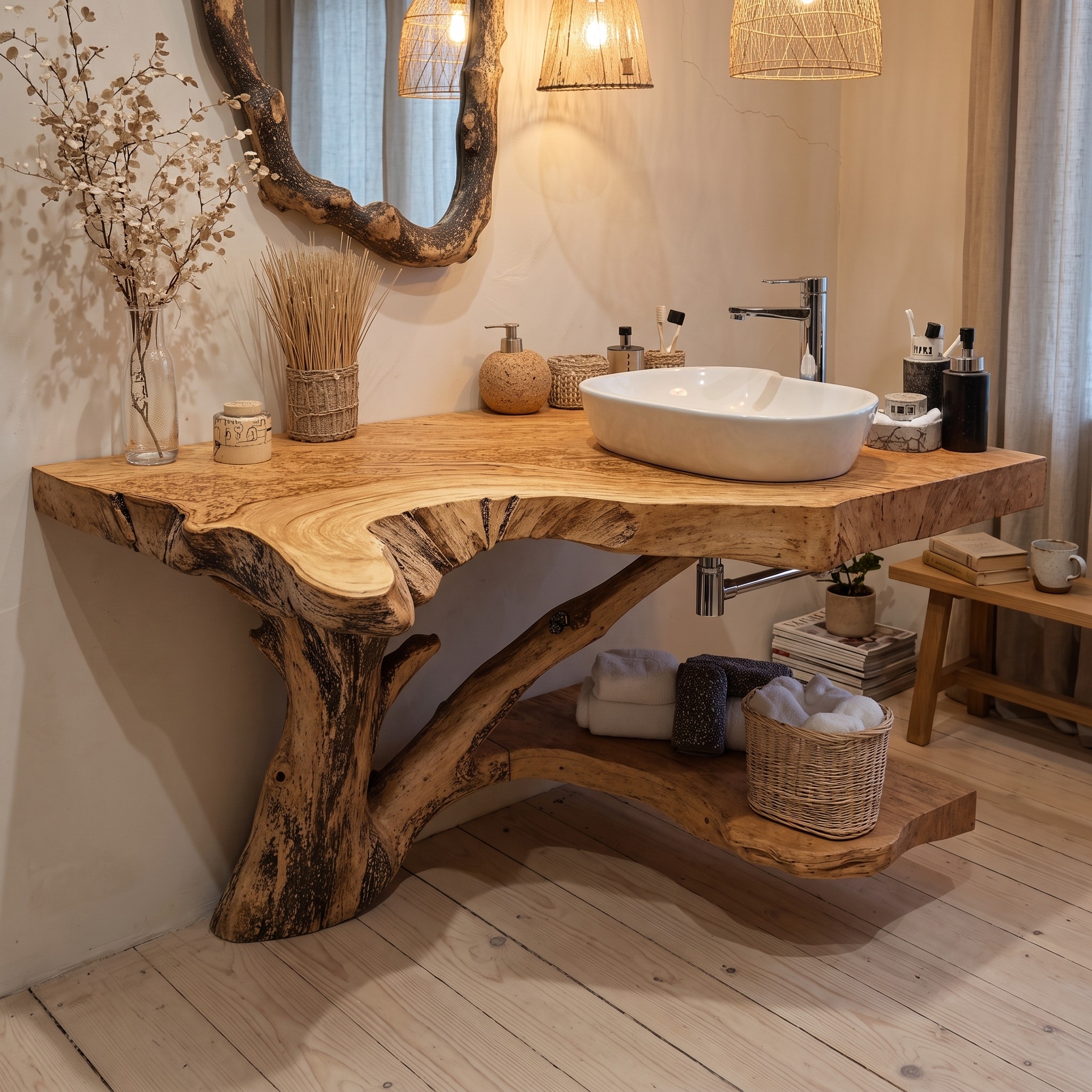 Natural Wood Corner Bathroom Vanity with Storage Underneath