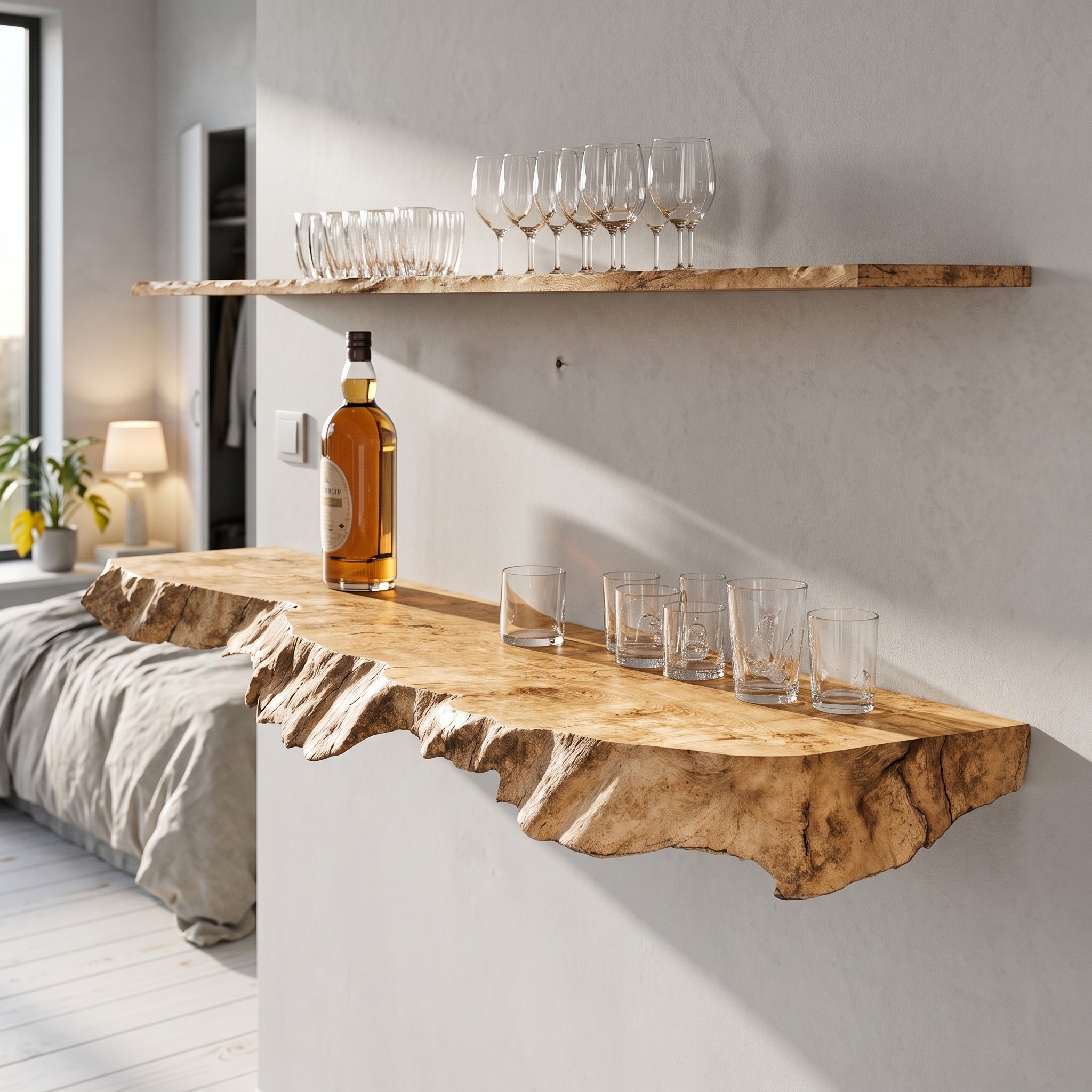 Natural Wood Floating Bar Shelf for Rustic Home Bar Setup