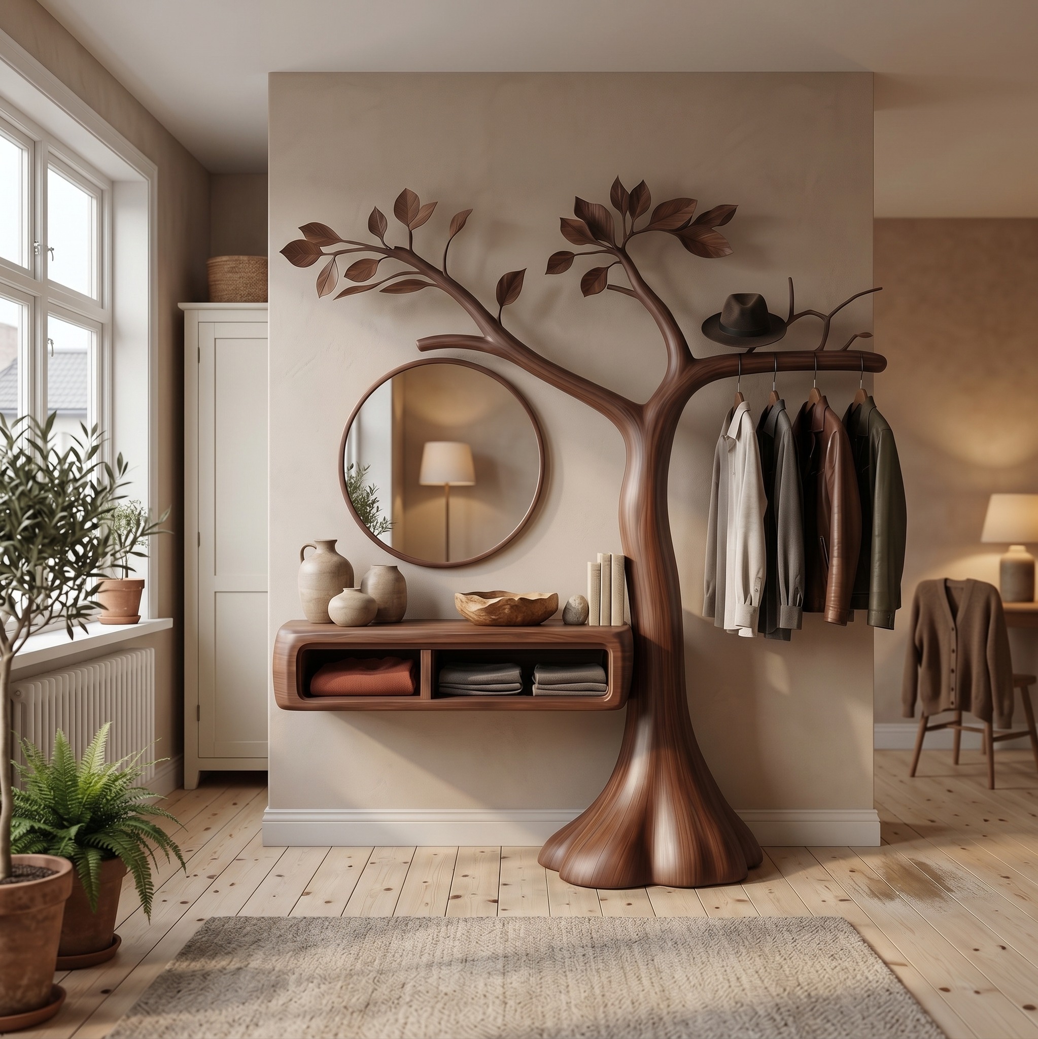 Natural Wood Makeup Vanity Table, Modern Bedroom Dressing Desk, Solid Timber Storage Console for Dressing Room