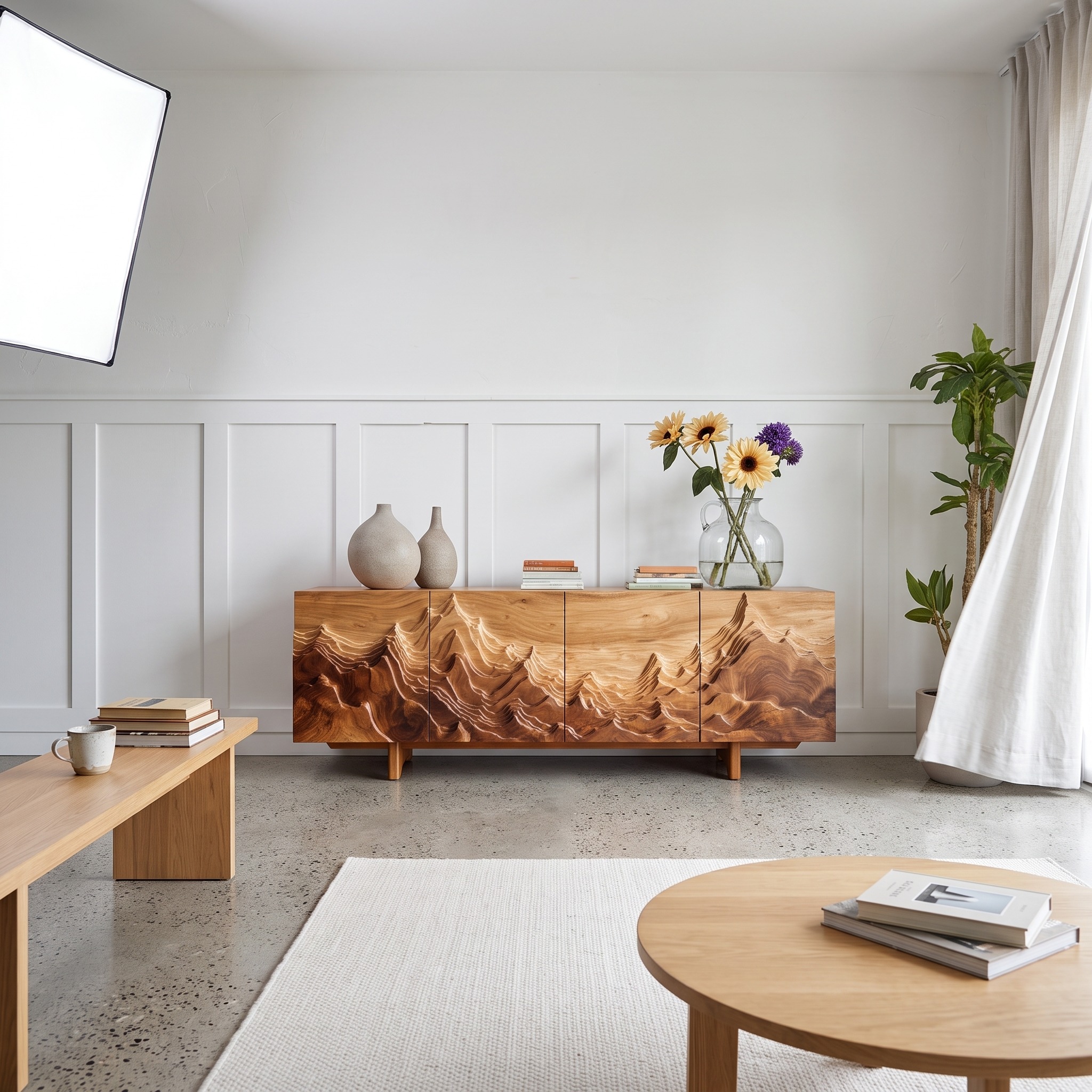 Natural Wood Mountain Sideboard, Handcrafted Solid Wood Credenza Cabinet with Mountain Carving for Living Room, Model