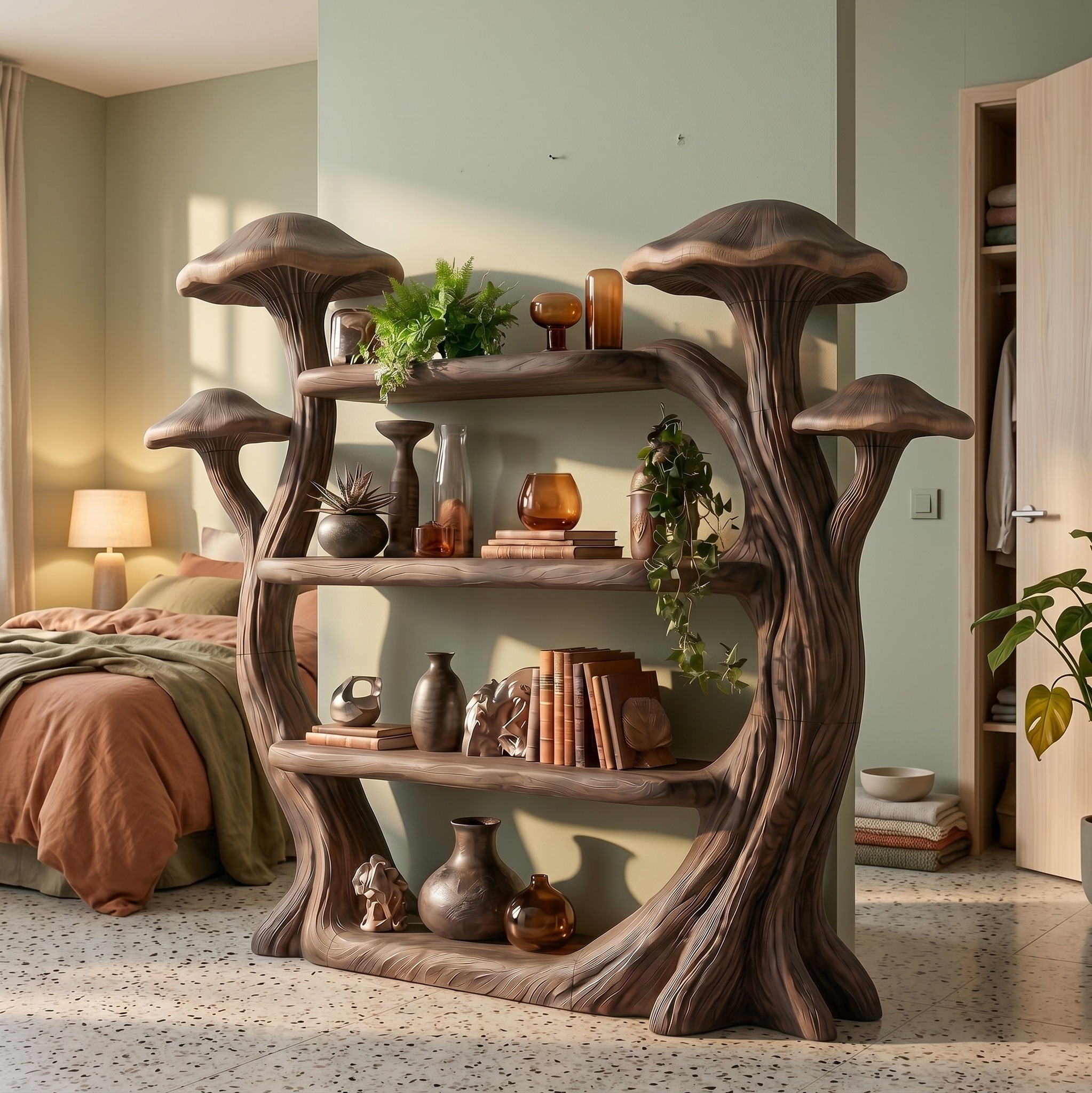 Natural Wood Mushroom Bookcase for Living Room and Reading Room