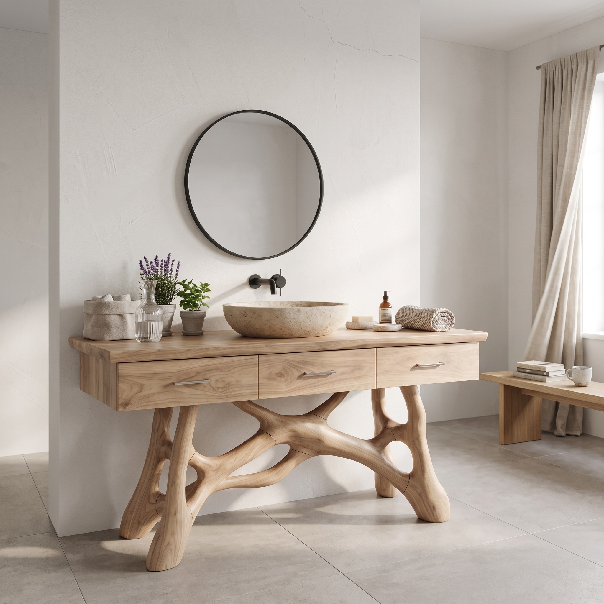 Natural Wood Sink Vanity with Drawers, Handcrafted Solid Wood Master Bathroom Storage Cabinet Console