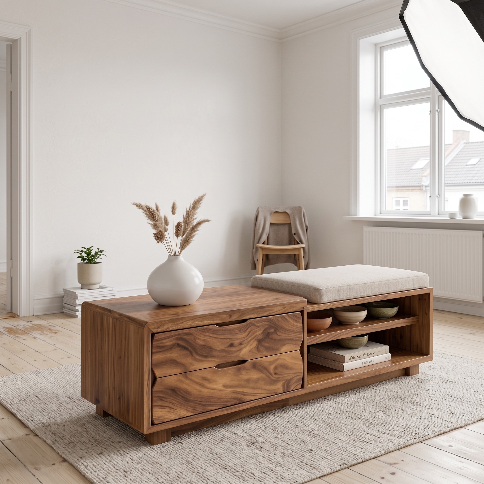 Natural Wood Storage Bench Cushion Drawers for Bedroom