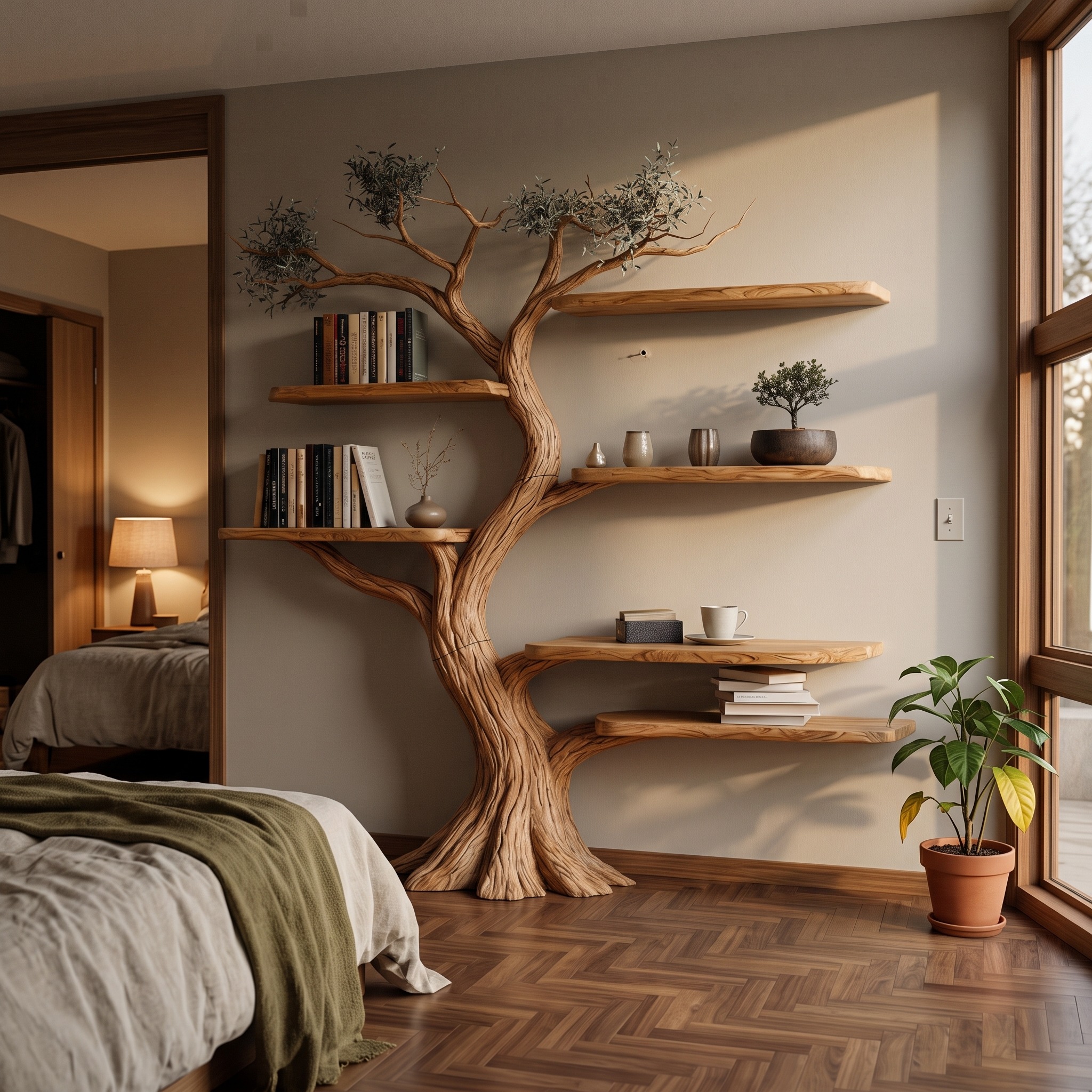 Natural Wood Tree Bookshelf Interior Design