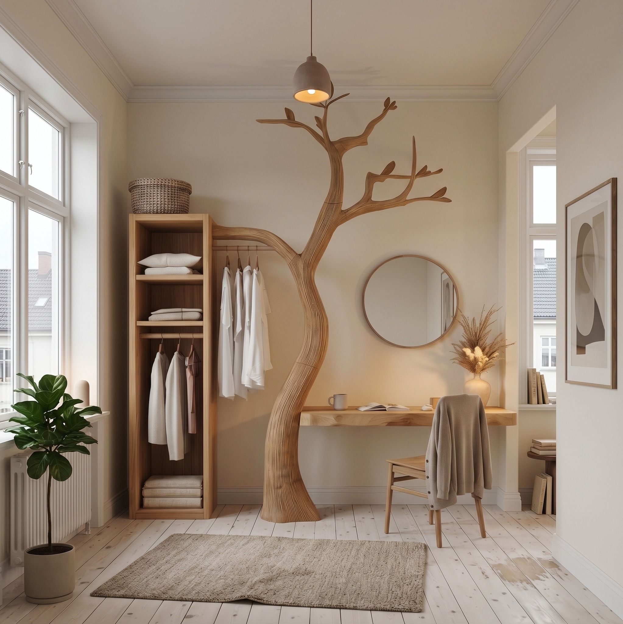 Natural Wood Tree Coat Rack, Standing Wardrobe Hanger for Bedroom, Entryway and Walk-in Closet, Model