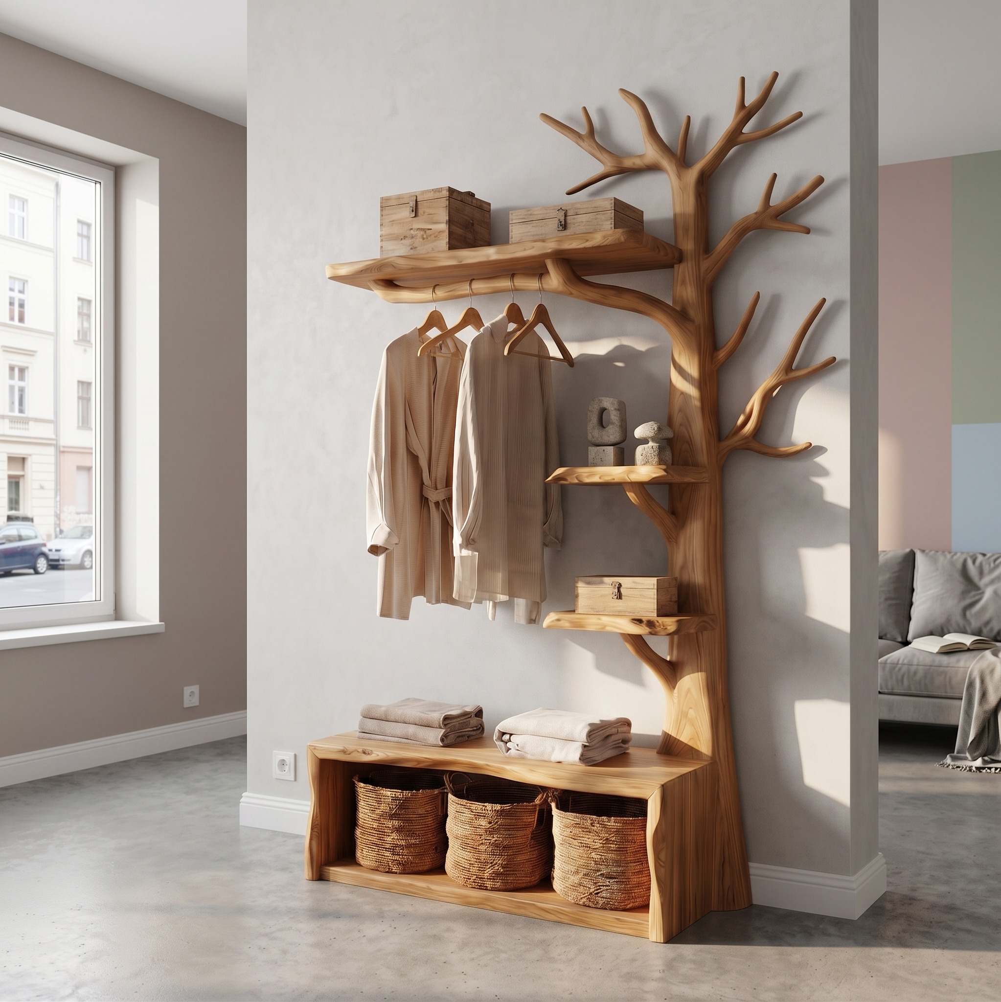 Natural Wood Tree Coat Rack with Bench, Rustic Hall Tree Entryway Organizer, Wooden Storage Unit for Hallway