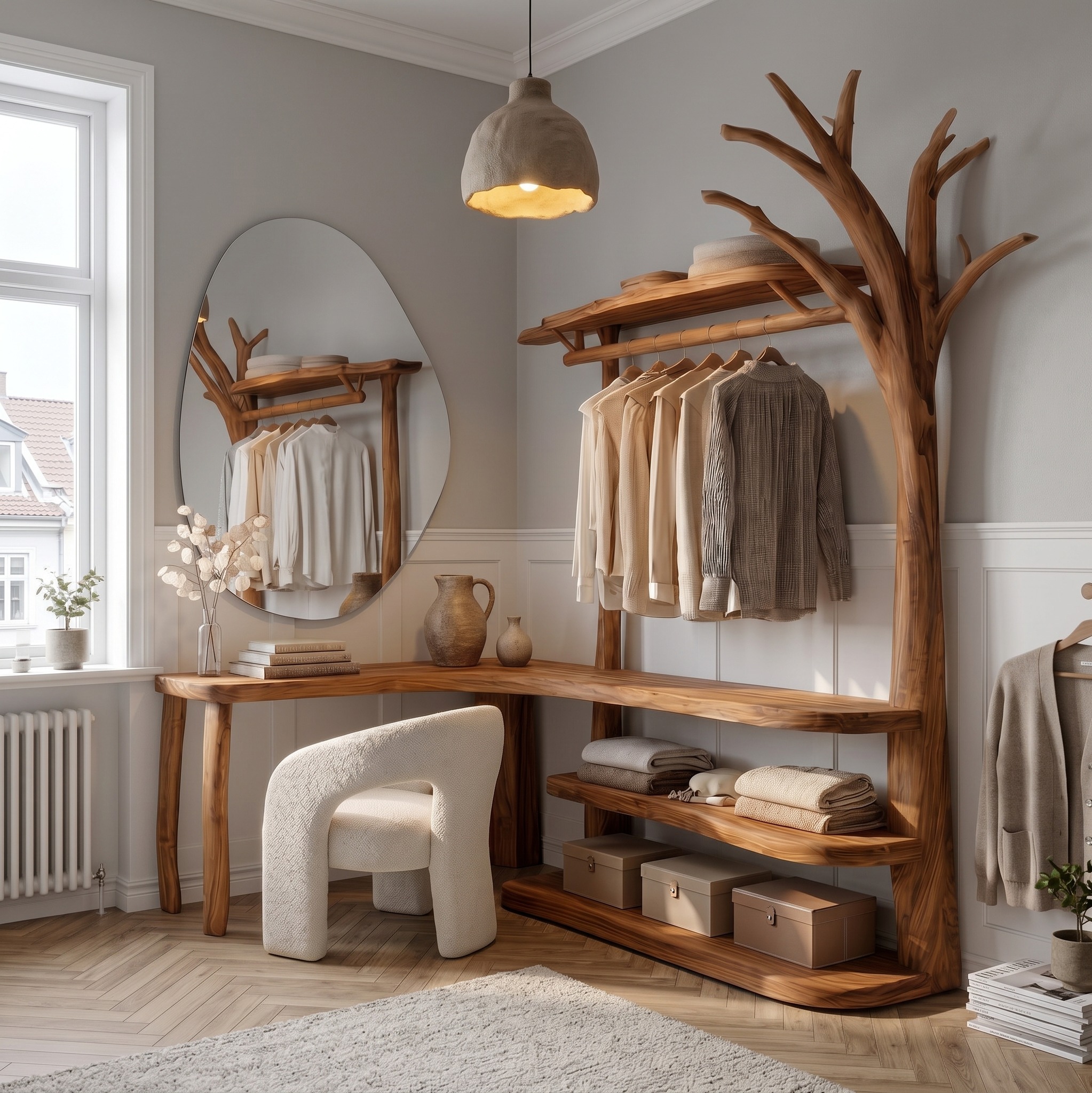 Natural Wood Tree Coat Rack with Corner Makeup Vanity Table, Multi-Functional Dressing Desk for Bedroom