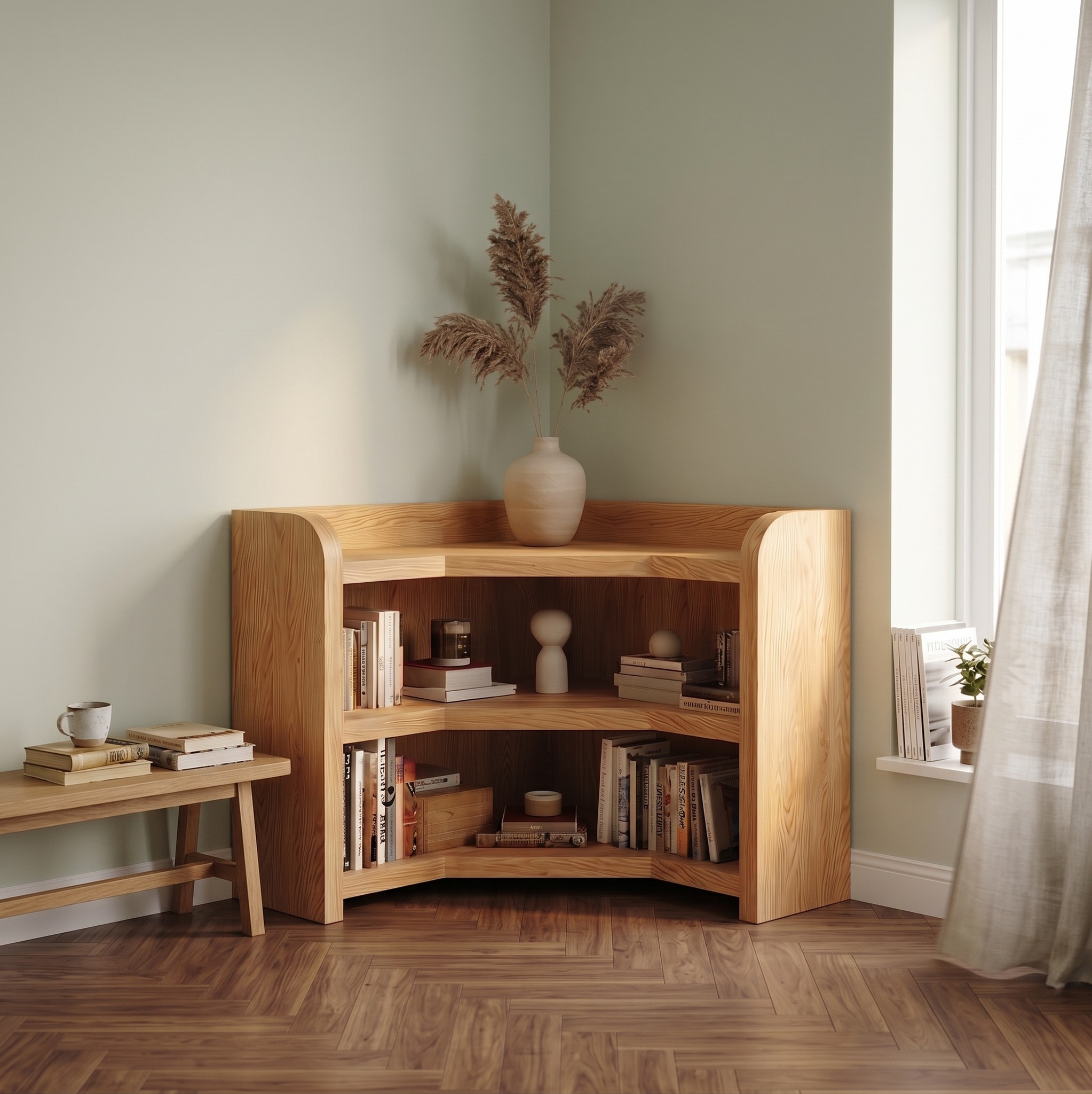 Natural Wooden Bookshelf with Rounded Edges, Open Solid Wood Shelving Display for Living Room & Bedroom