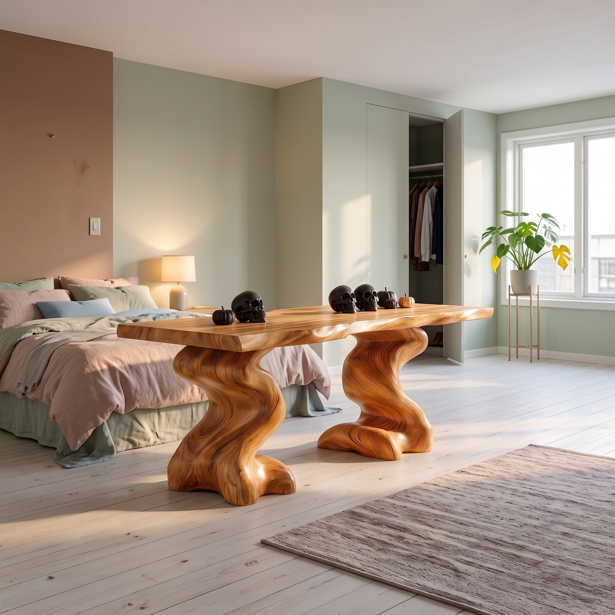 Natural Wooden Desk with Root Form Base for Workspace
