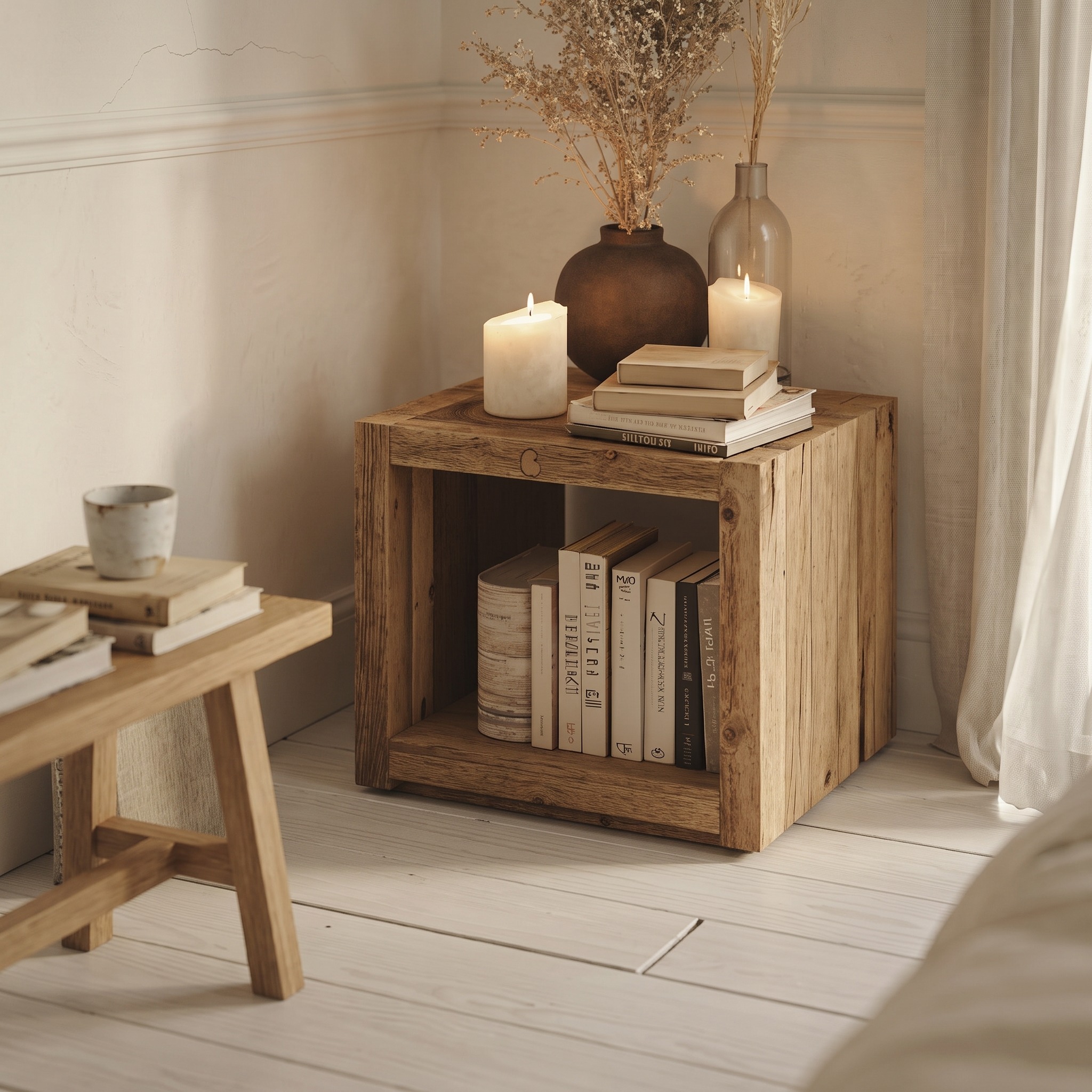 Natural Wooden Standing Nightstand, Rustic Solid Wood Bedside Table with Open Storage Shelf for Bedroom