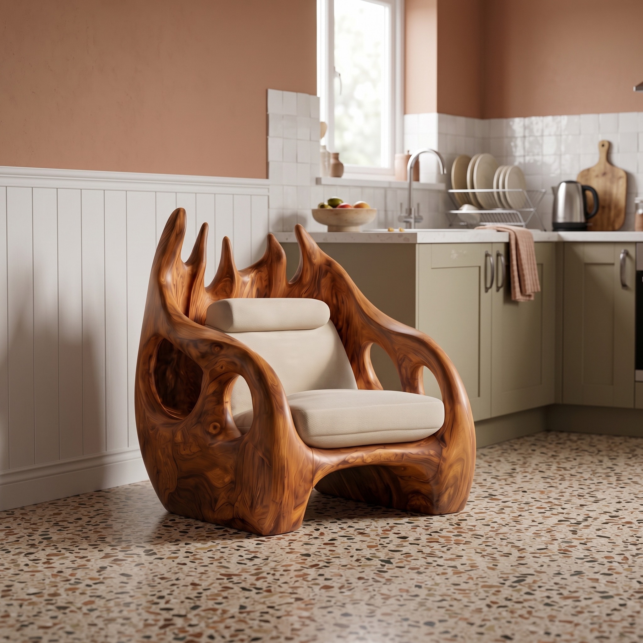 Nature Inspired Accent Armchair, Handcrafted Solid Wood Lounge Chair for Living Room