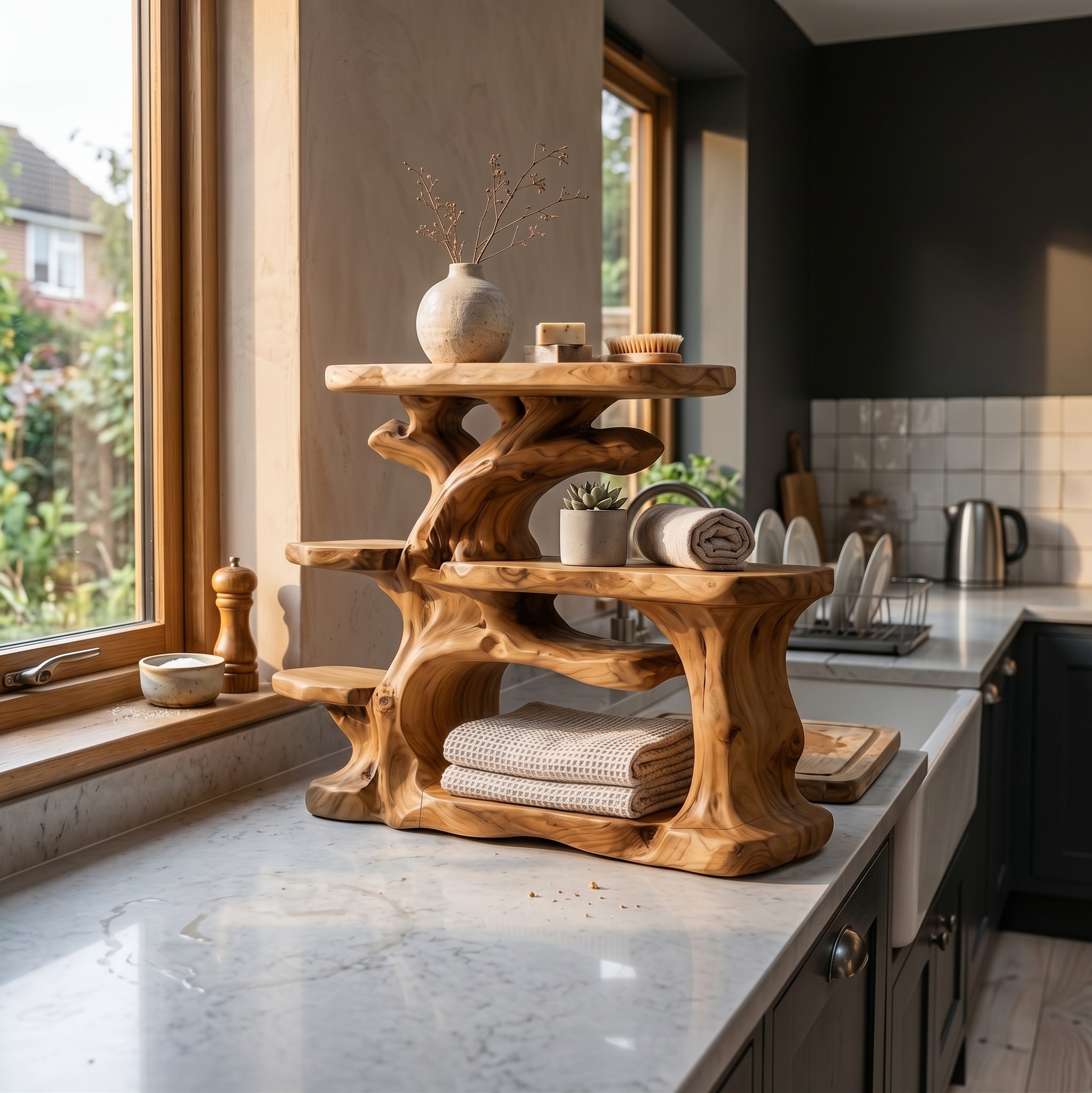 Nature-Inspired Bathroom Organizer, Rustic Wooden Vanity Countertop Storage Shelves