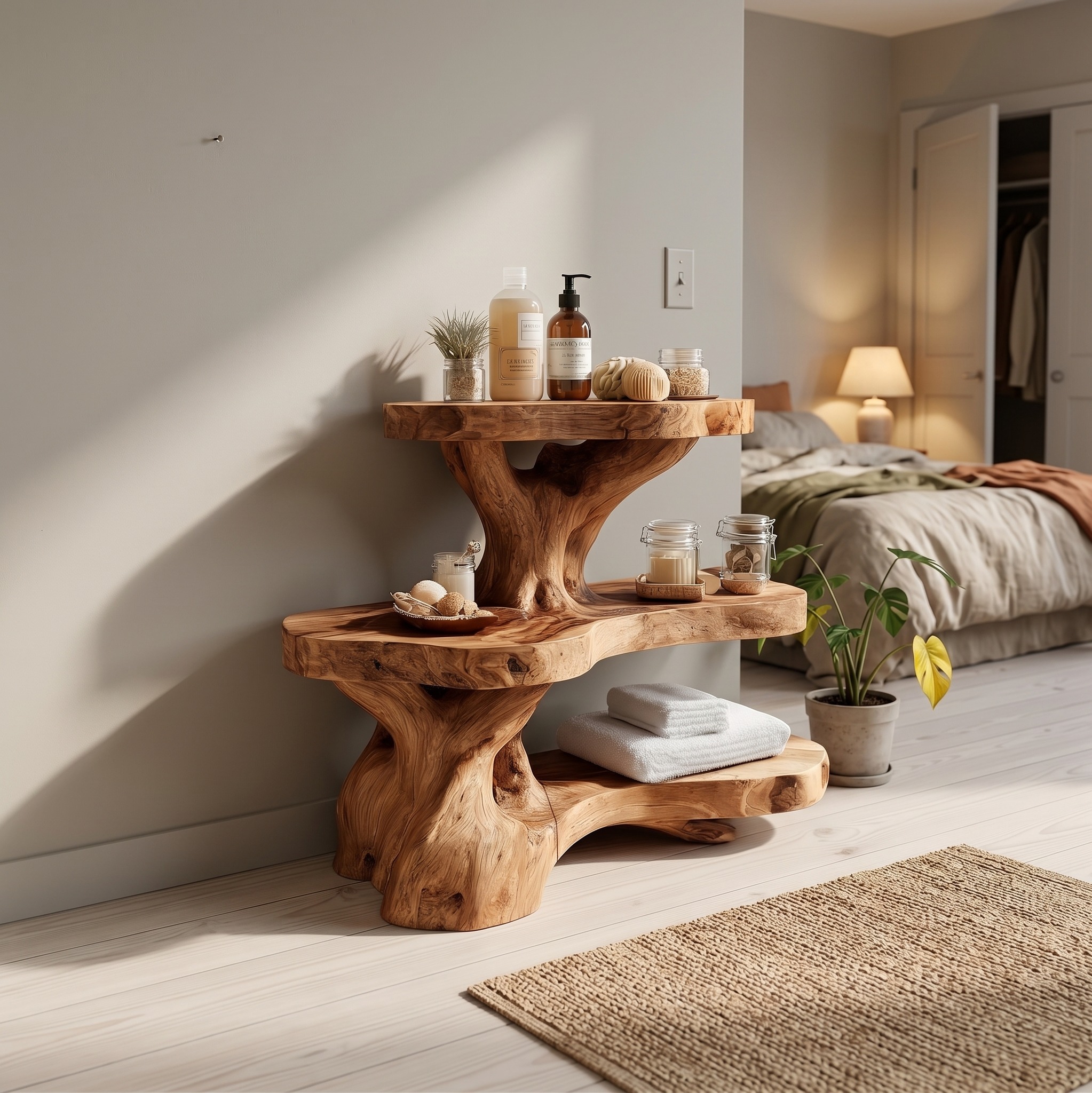 Nature-Inspired Bathroom Shelf with Tree Branch Storage, Rustic Wood Wall Mounted Organizer