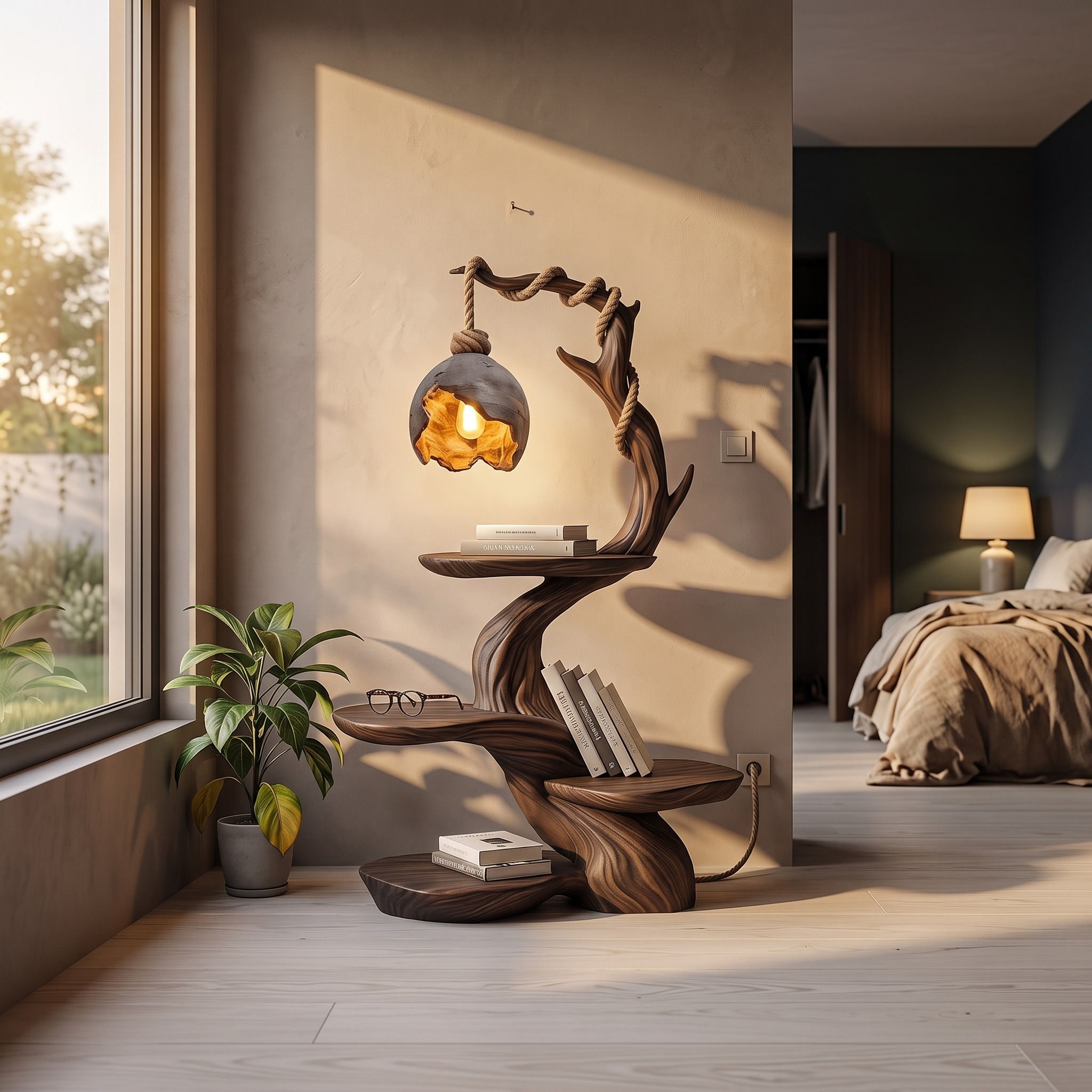 Nature-Inspired Bedside Table with Sculptural Tree Form & Ambient Lamp, Solid Wood Nightstand for Bedroom