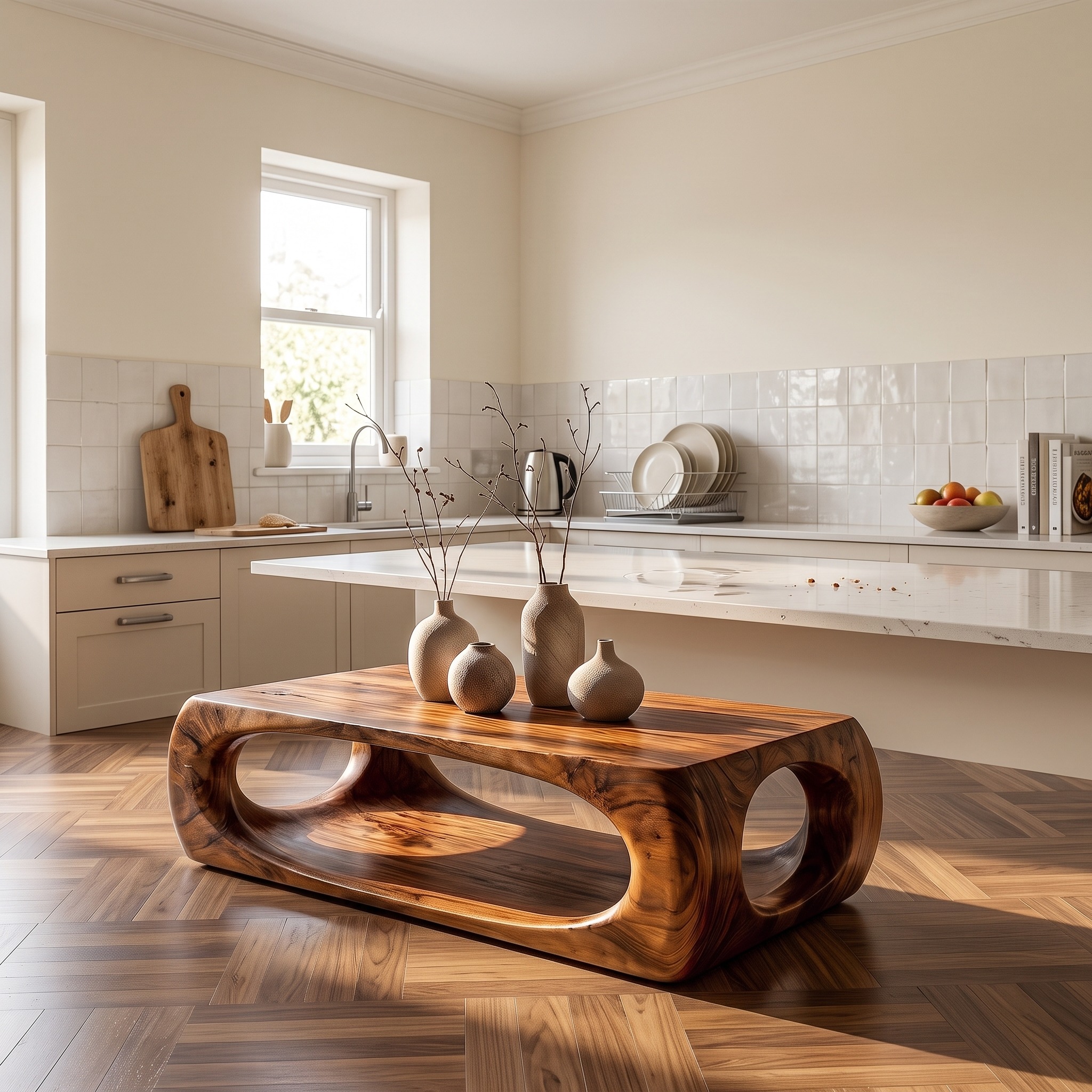 Nature Inspired Coffee Table with Flowing Open Form Base, Handcrafted Organic Solid Wood Center Table, Model