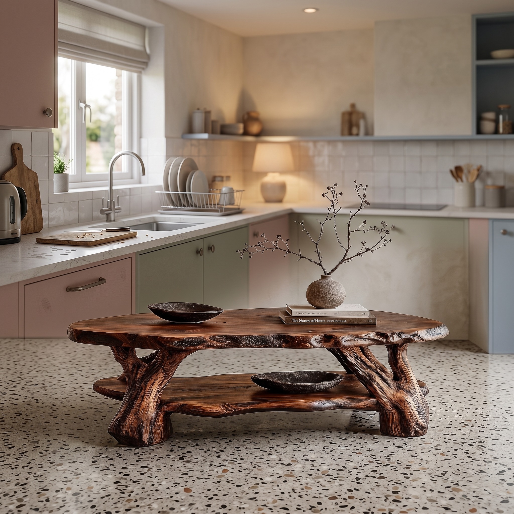 Nature Inspired Coffee Table with Sculptural Root Wood Design, Organic Solid Wood Center Table for Living Room, Model