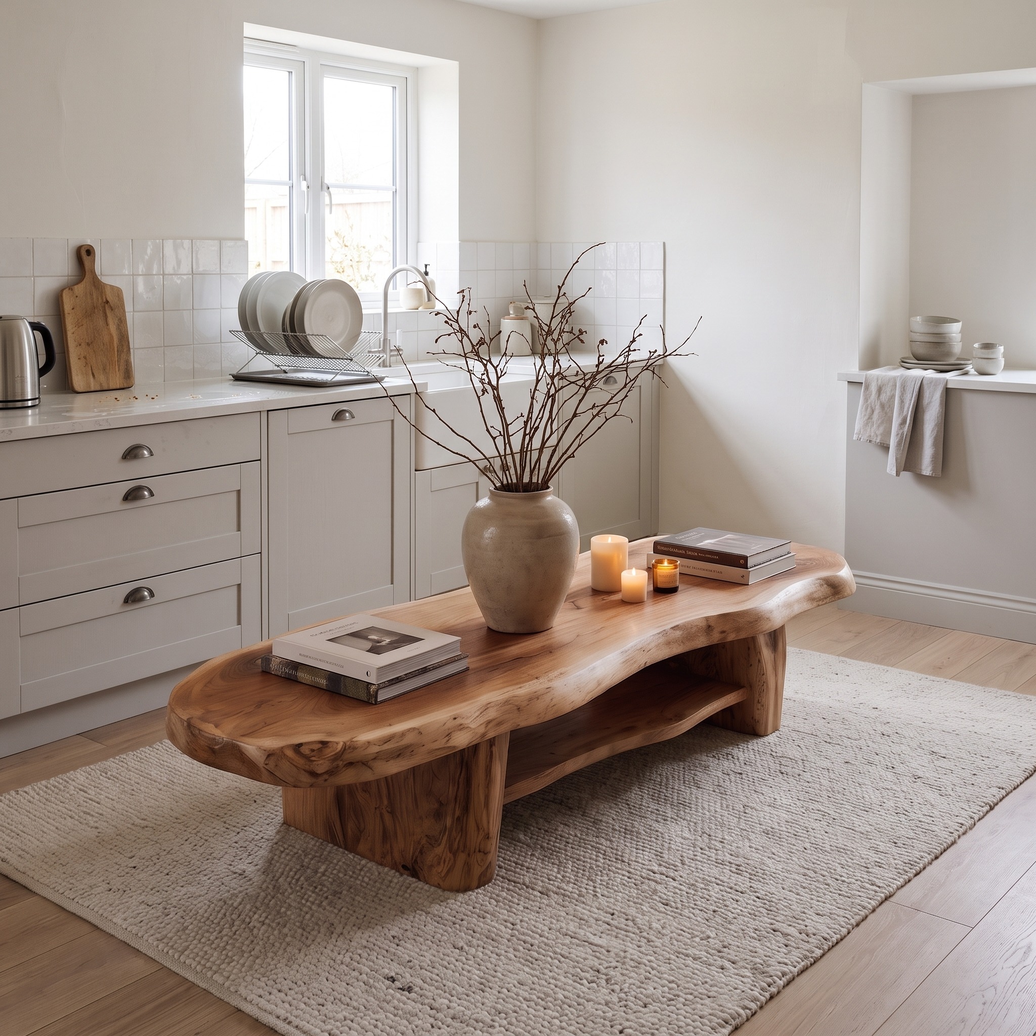 Nature Inspired Coffee Table with Sculptural Wood Base for Living Room