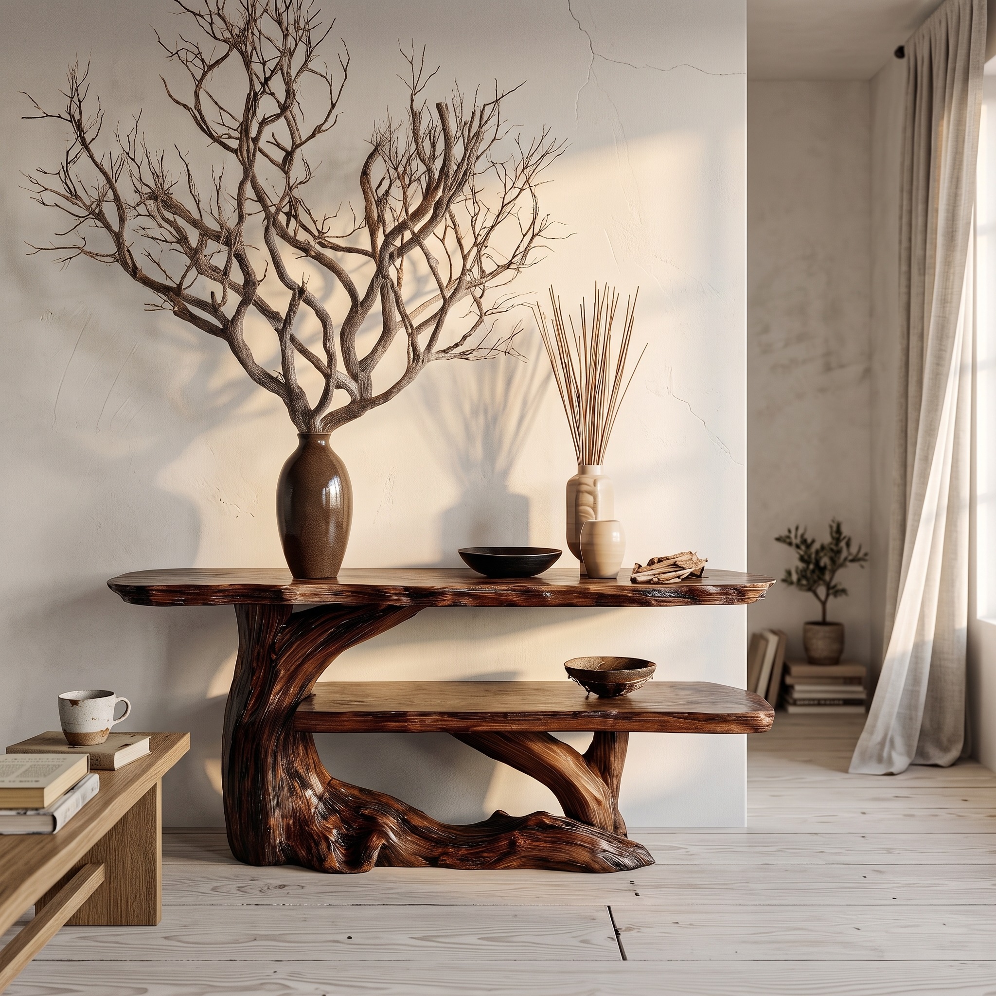 Nature Inspired Console Table with Sculptural Wood Branch Design, Live Edge Solid Wood Foyer Table, Entryway Accent Furniture