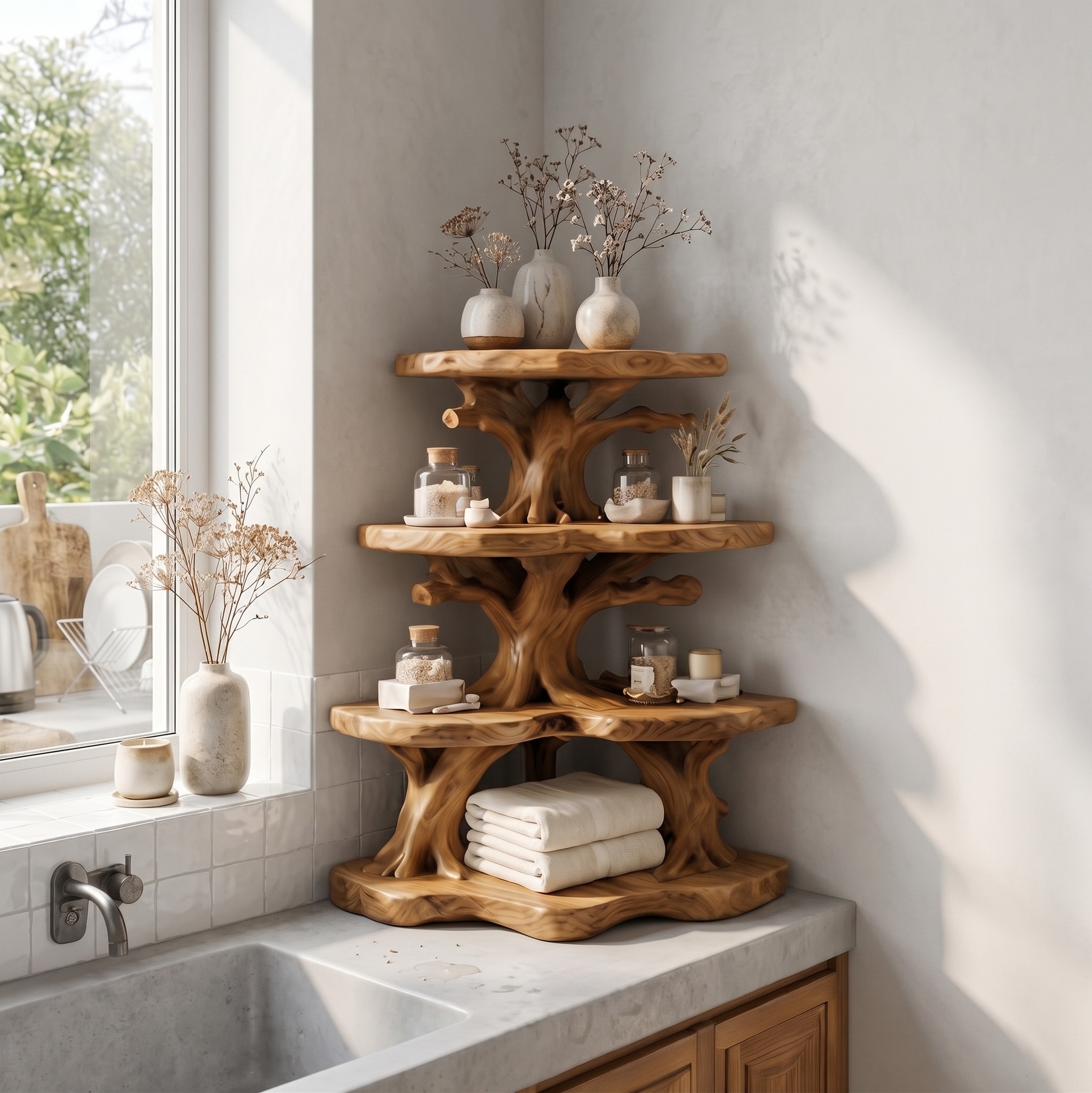 Nature-Inspired Corner Bathroom Shelf, Decorative Wooden Floating Storage Organizer