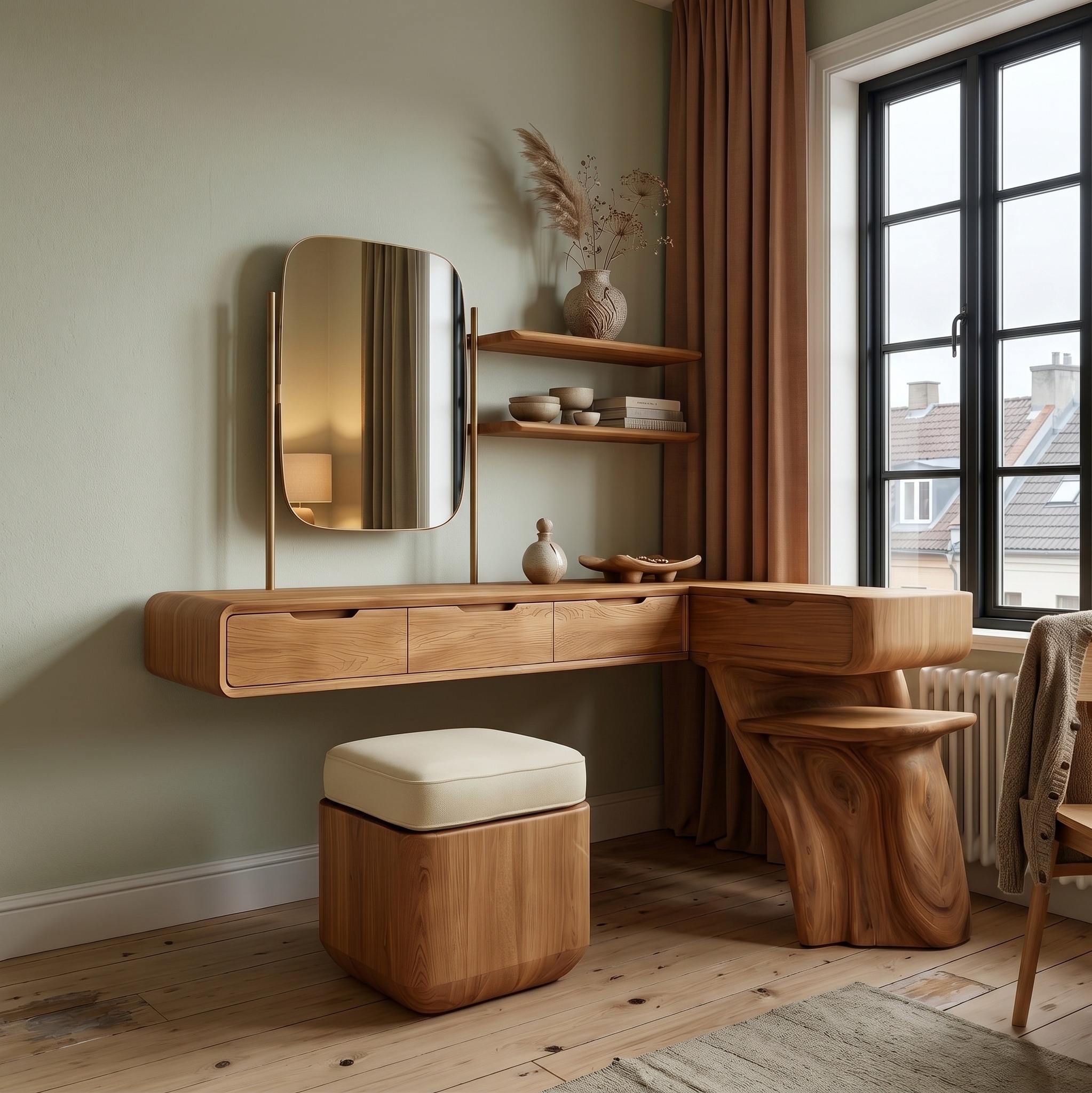 Nature Inspired Dressing Table with Sculptural Wood Design for Bedroom