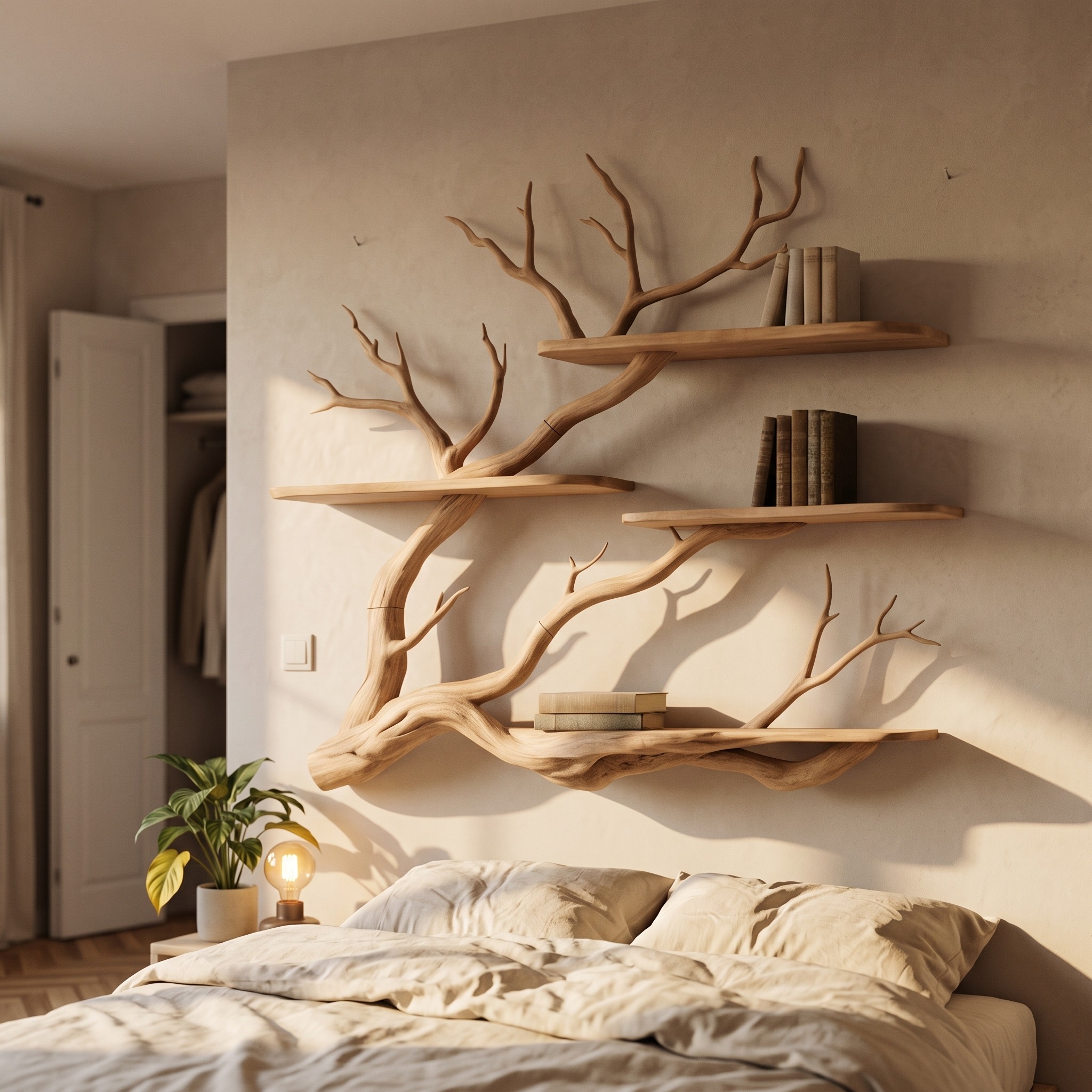 Nature Inspired Floating Wall Shelf, Handcrafted Tree Branch Wooden Bookshelf for Reading Room, Bedroom & Study