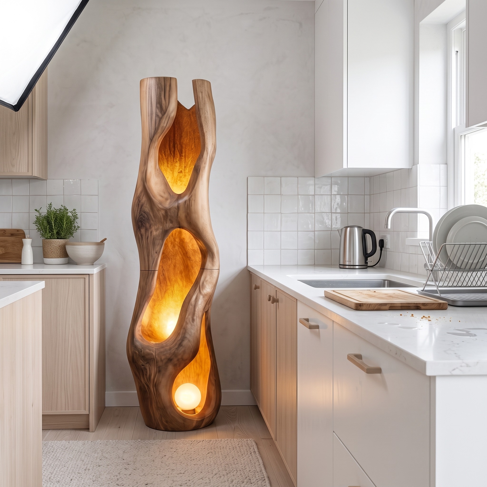 Nature Inspired Floor Lamp, Carved Driftwood Sculpture Tall Standing Light for Living Room