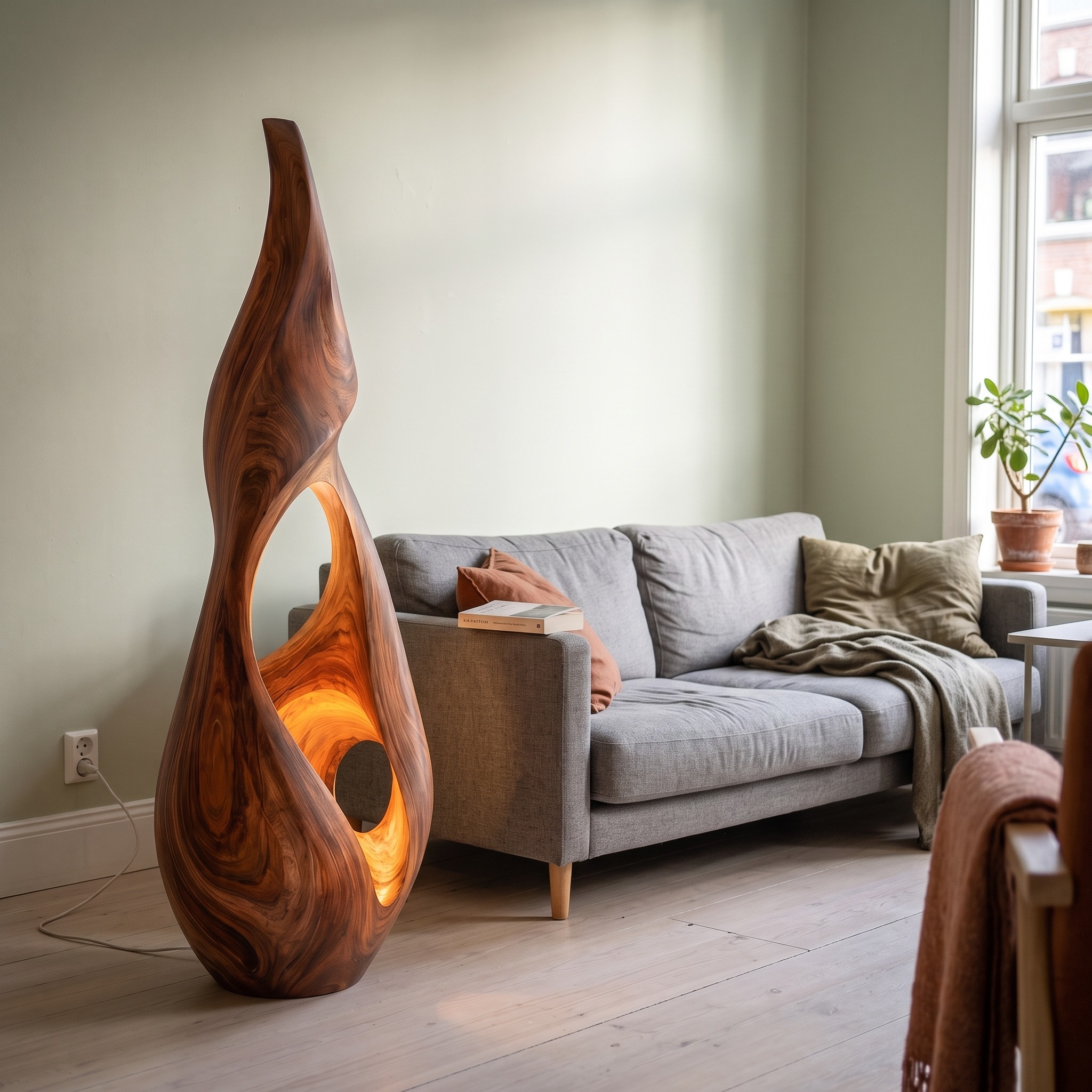 Nature-Inspired Floor Lamp with Sculptural Solid Wood Form, Artistic Standing Corner Light