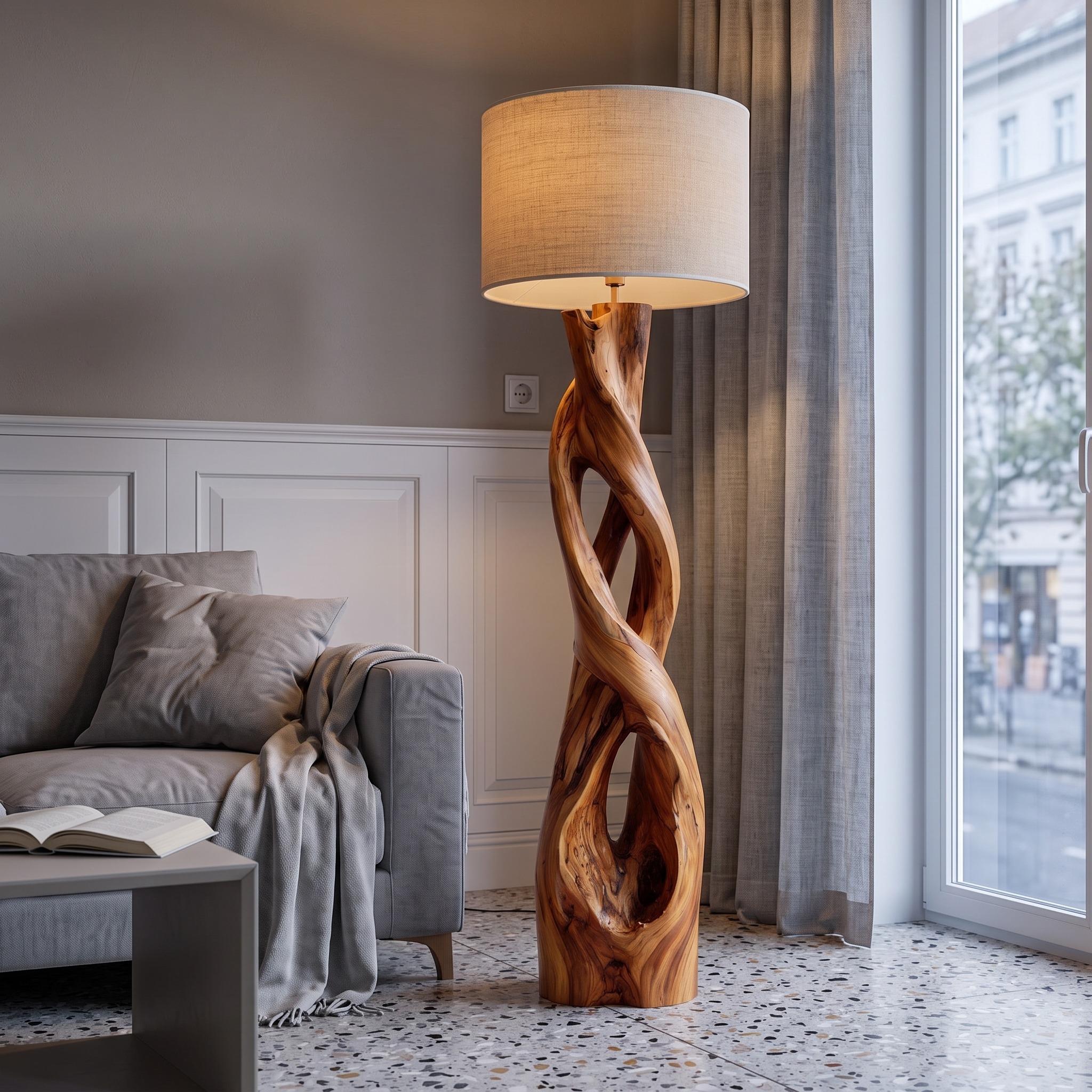 Nature-Inspired Floor Lamp with Sculptural Wood Form and Fabric Shade, Standing Tall Light