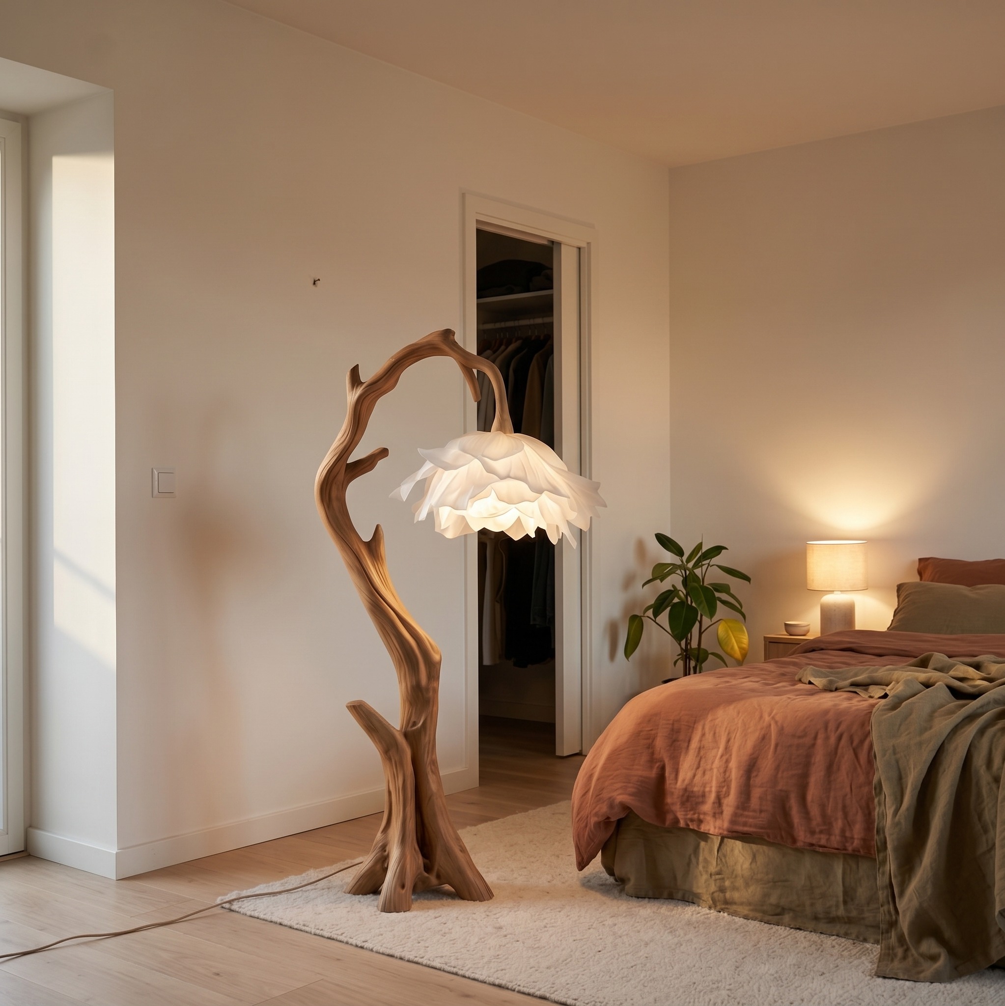 Nature Inspired Flower Floor Lamp with Solid Wood Base, Floral Shade Standing Light for Living Room, Model