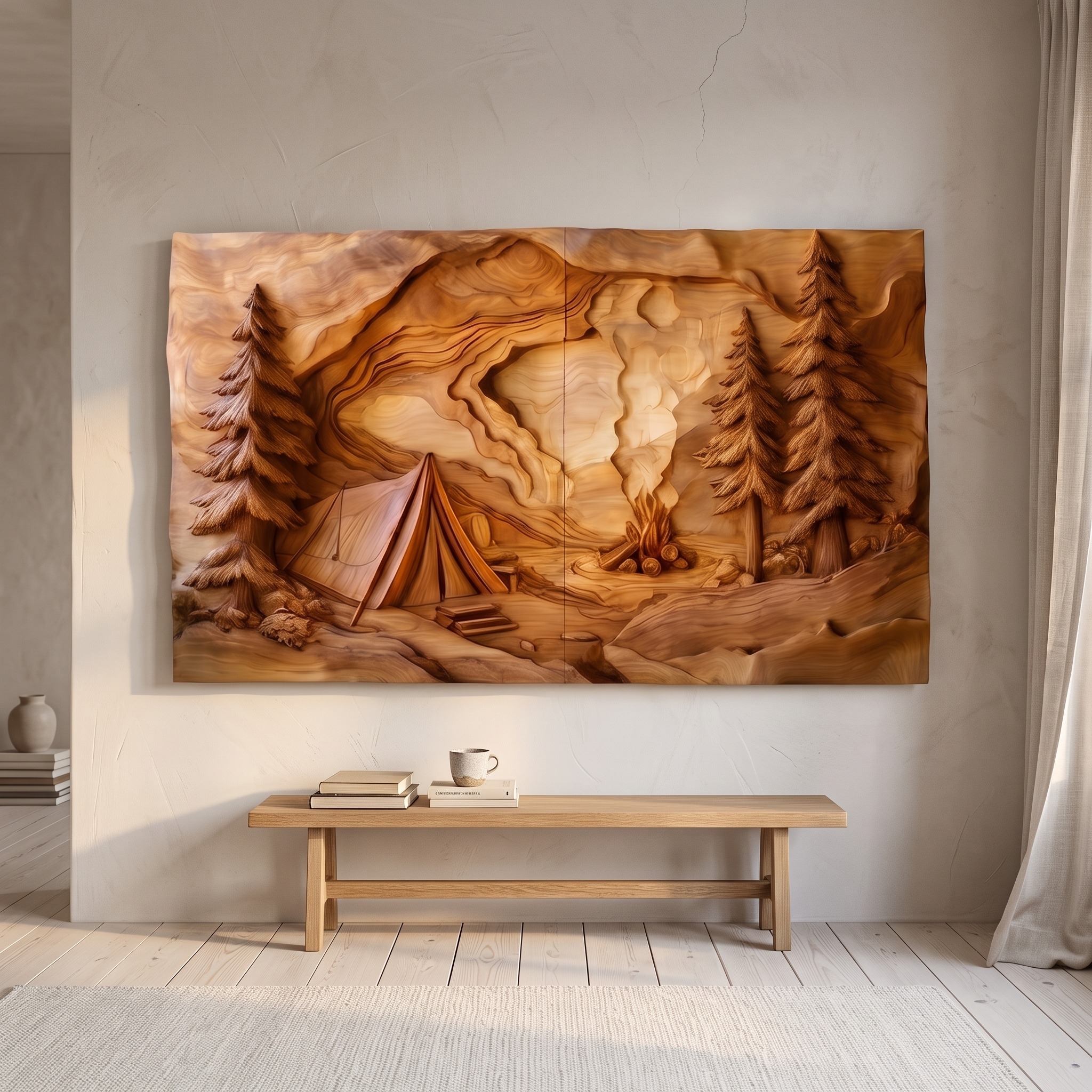Nature Inspired Forest Wood Wall Art, 3D Layered Wooden Tree Sculpture Sign Panel for Rustic Cabin Bedroom Decor