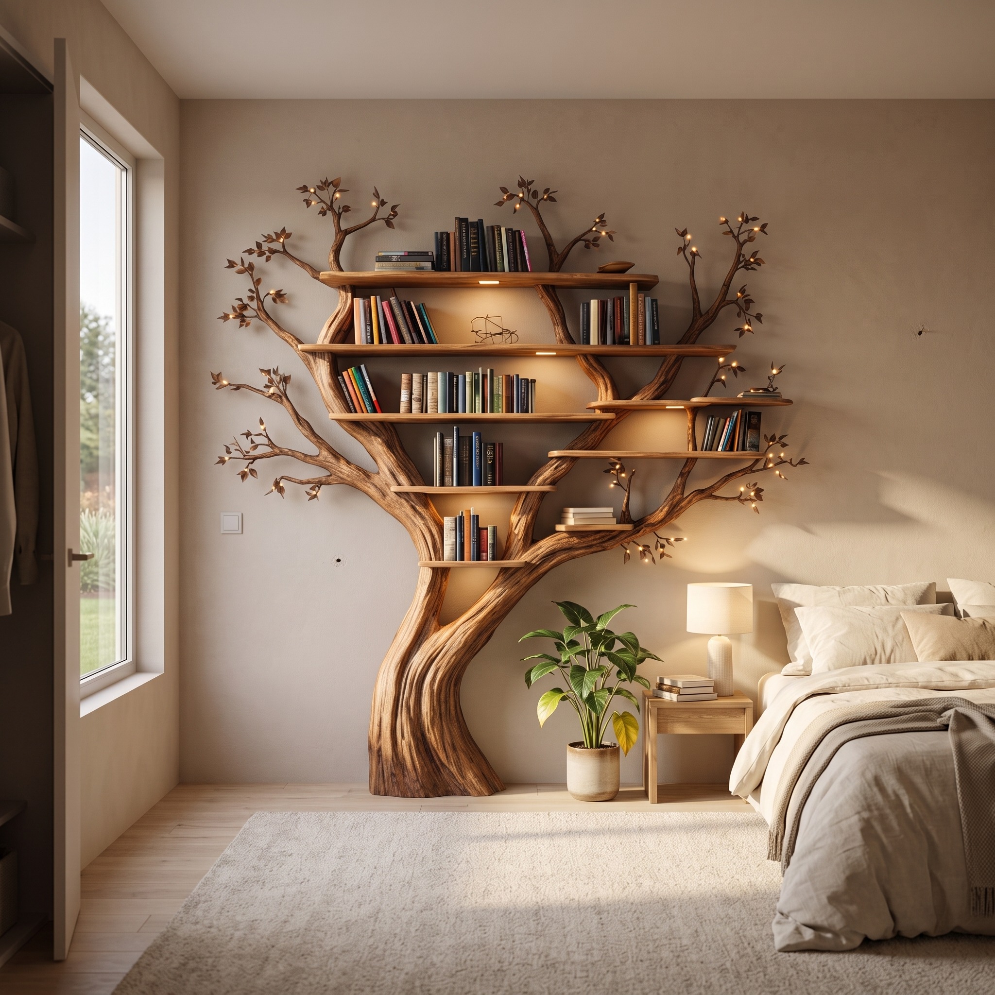 Nature Inspired Handcrafted Tree Bookshelf Living Room Interior Biophilic Wall Feature