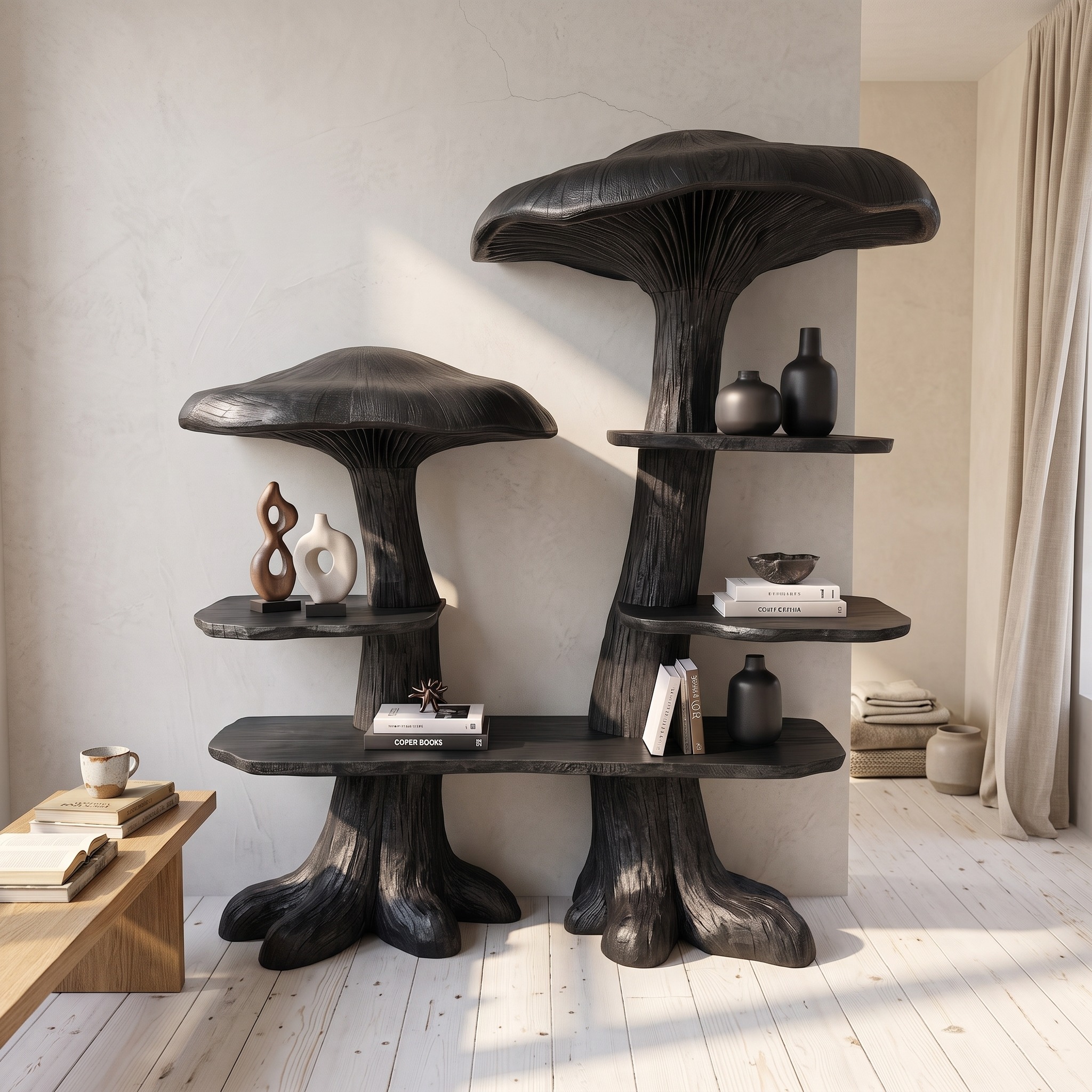 Nature-Inspired Mushroom Bookshelf, Solid Wood Open Display Shelving & Bookcase Storage Unit for Living Room