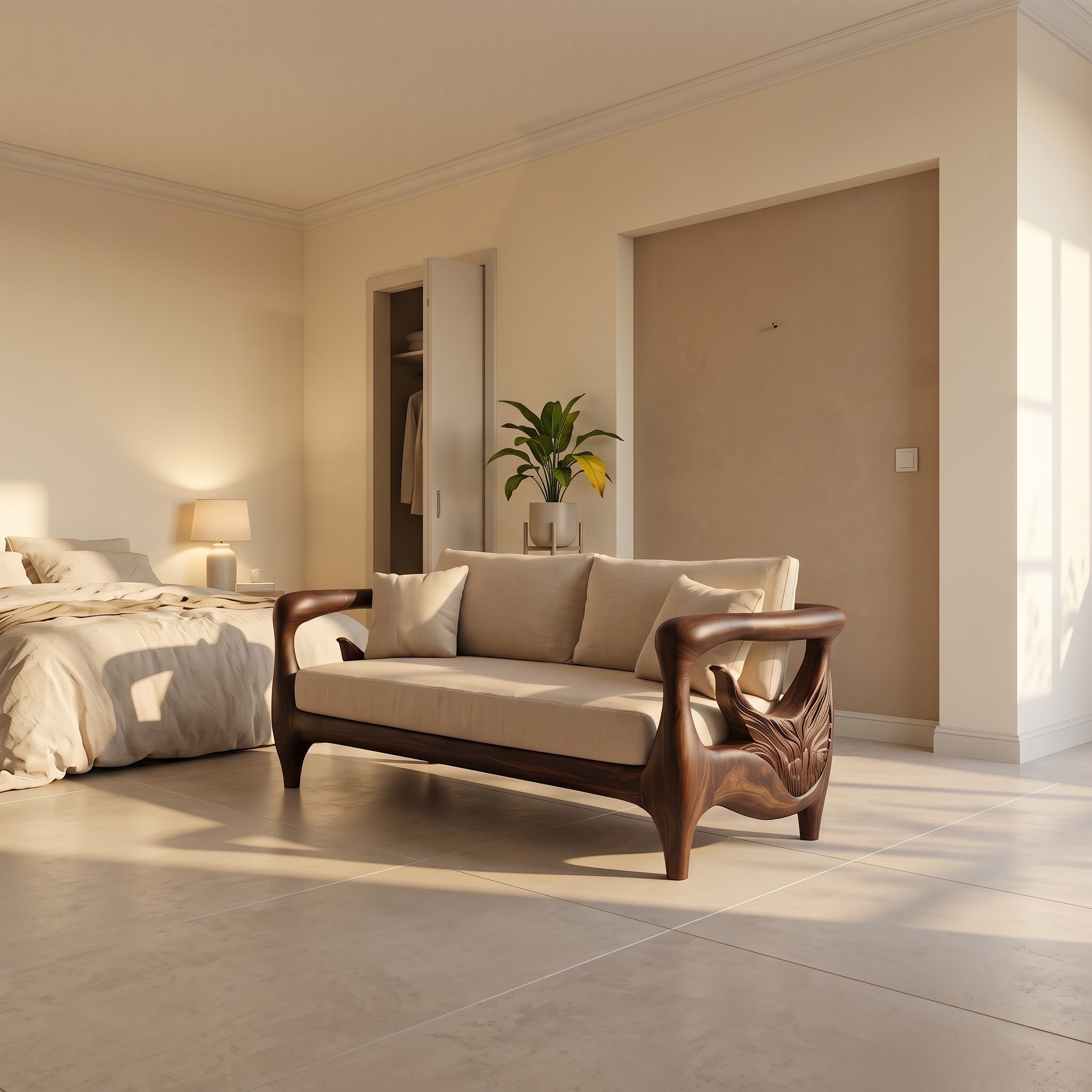 Nature Inspired Sofa Frame with Handcrafted Wheel Armrests for Living Room
