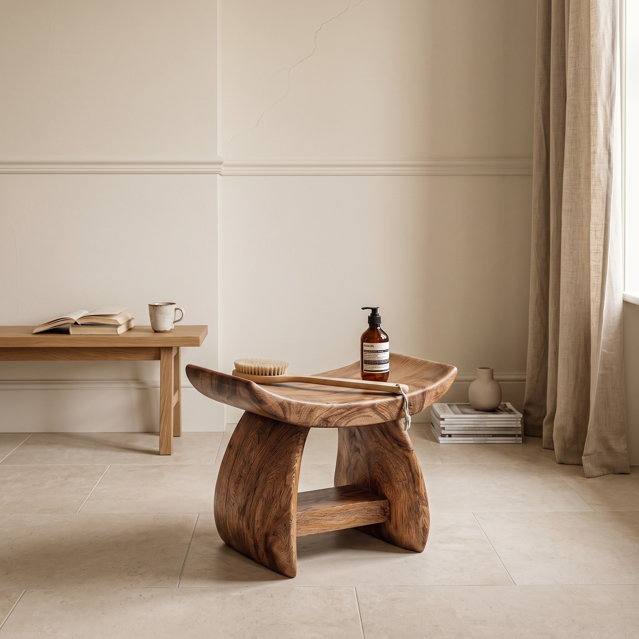 Nature Inspired Solid Wood Bathroom Stool, Sculptural Waterproof Spa Shower Seat Bench for Home Bathroom and Sauna