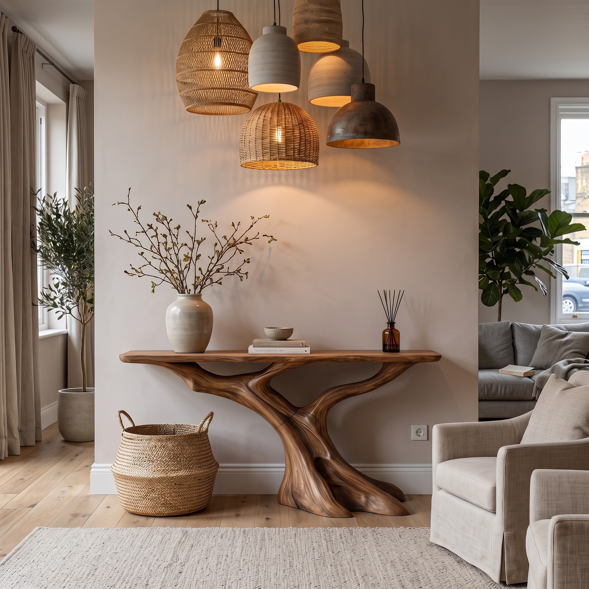 Nature Inspired Solid Wood Console Table with Tree Root Base, Rustic Live Edge Entryway Sofa Table for Living Room