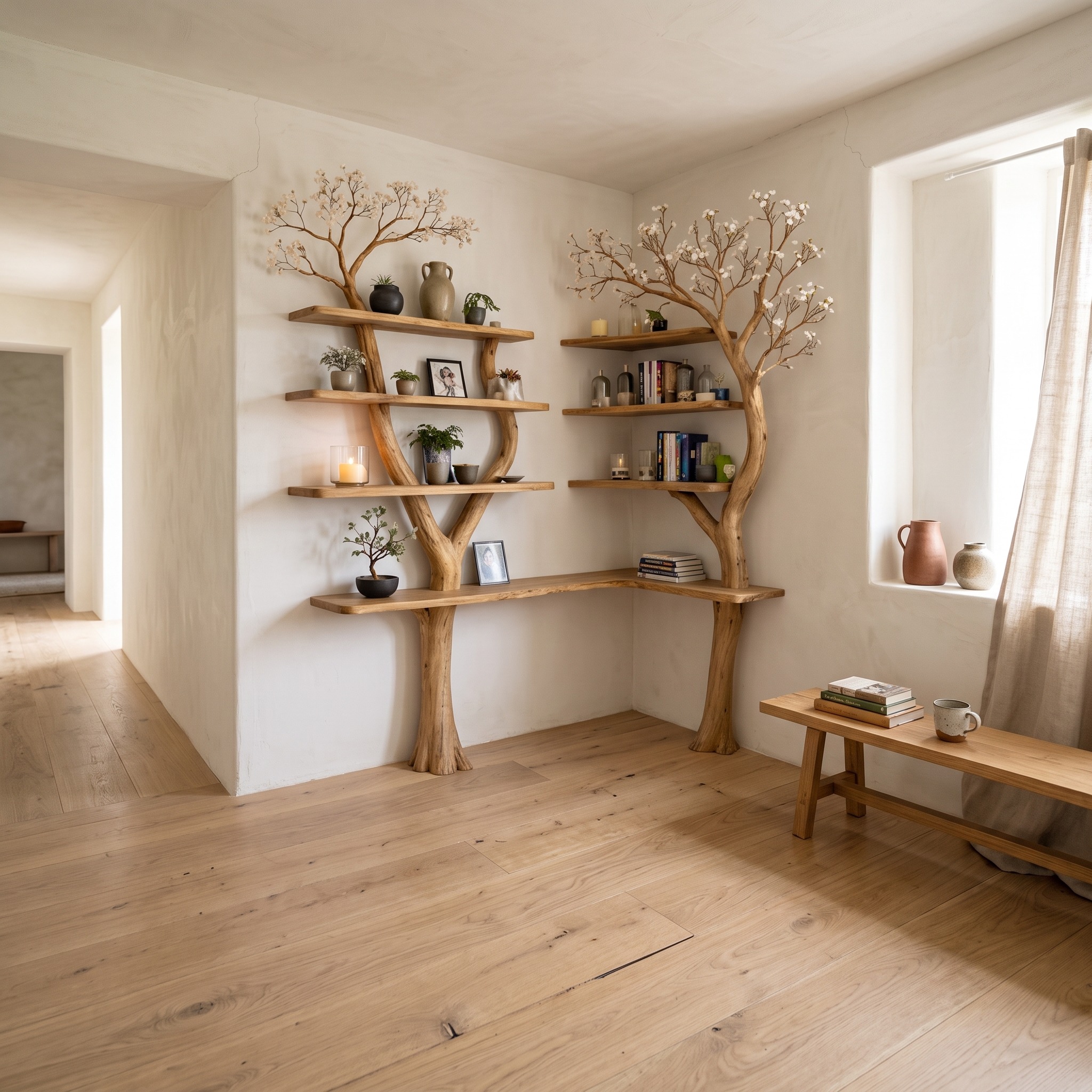 Nature Inspired Solid Wood Tree Display Bookcase, Handcrafted Floating Branch Wall Mounted Shelf for Living Room