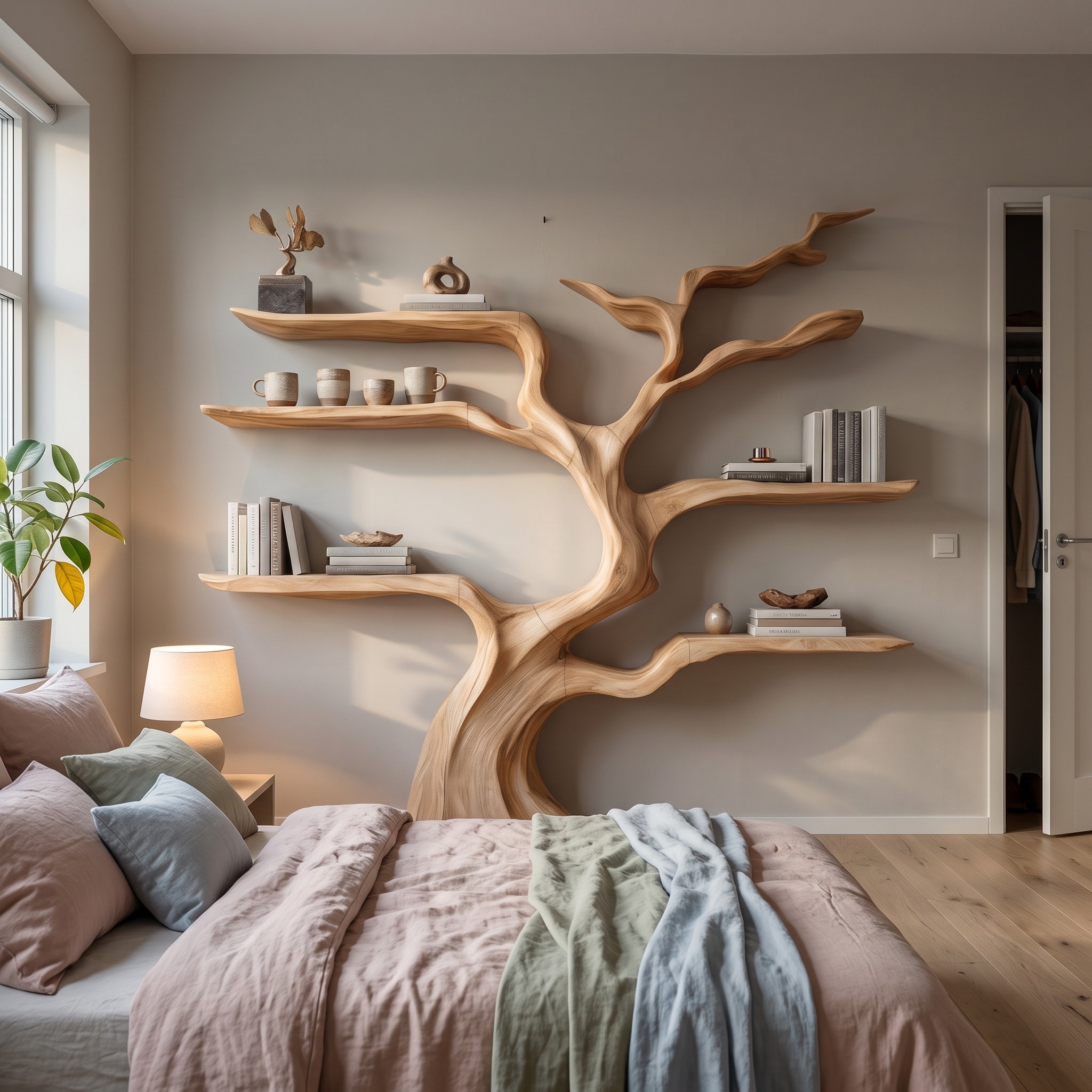 Nature-Inspired Tree Bookshelf, Floating Wooden Shelves, Tree-Shaped Bookcase for Wall