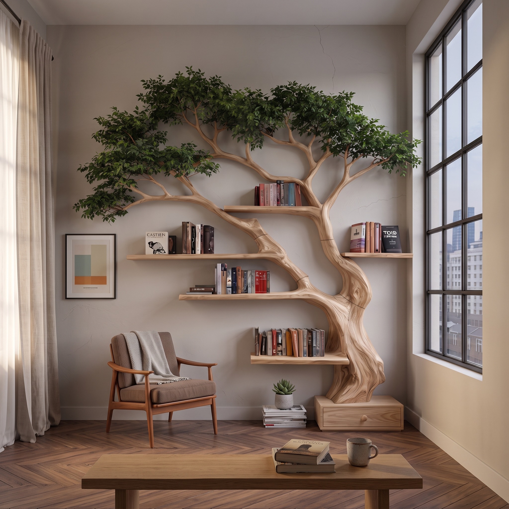 Nature Inspired Tree Bookshelf, Handcrafted Solid Wood Branch Bookcase Display Organizer for Bedroom