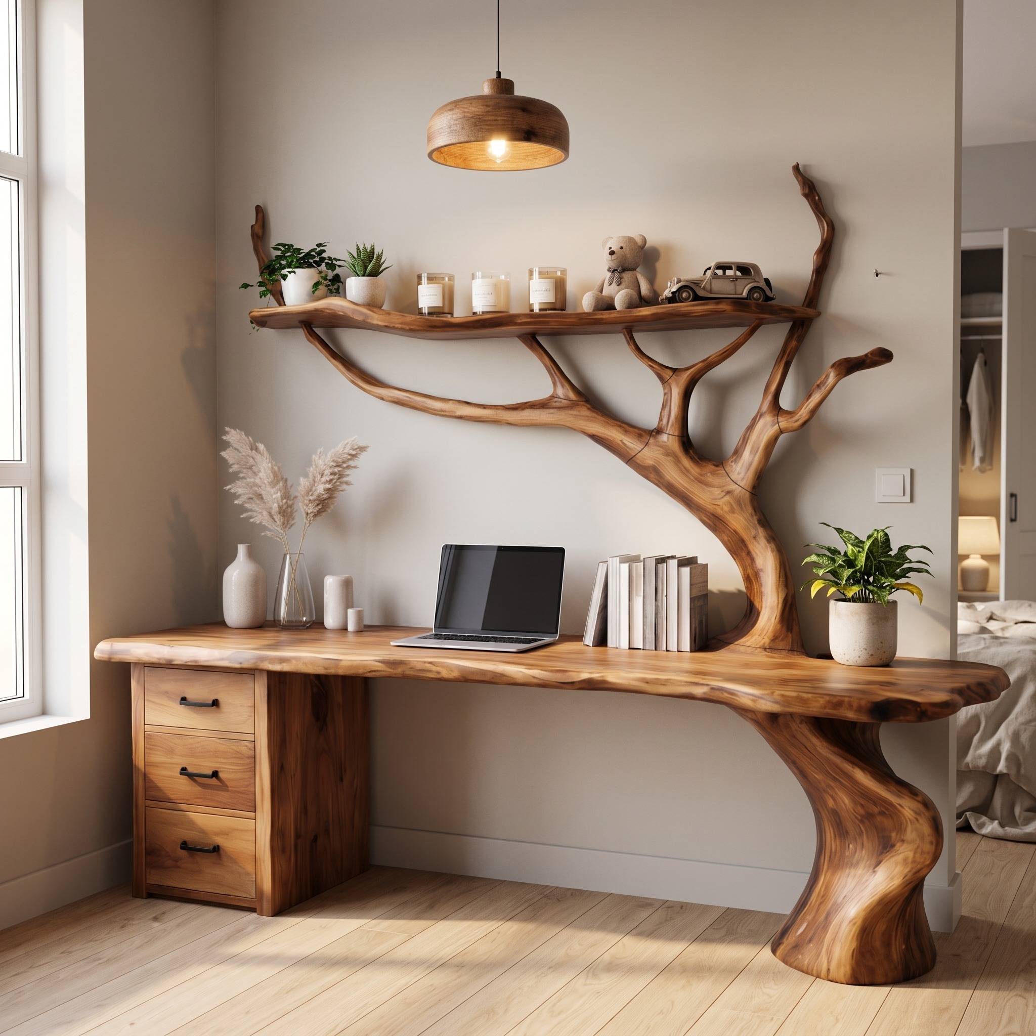Nature-Inspired Tree Branch Desk, Sculptural Solid Wood Corner Workstation for Home Office, Study Table